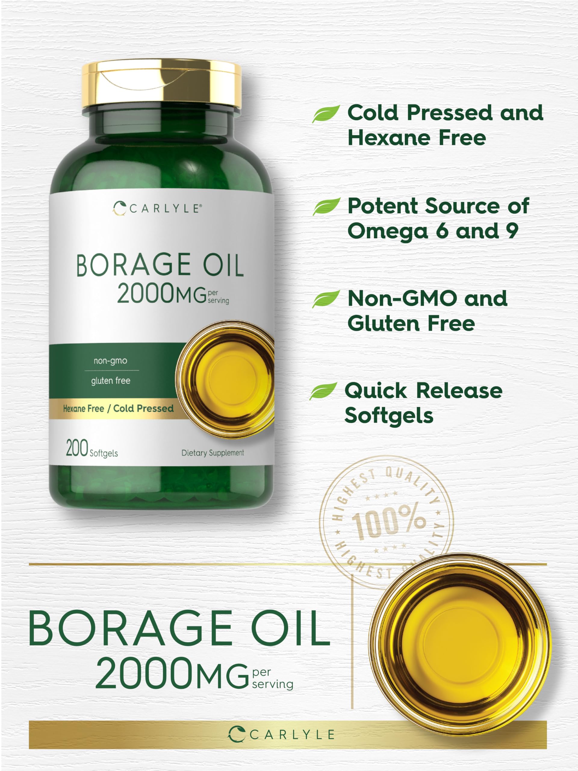 Gráfico de valores nutricionales de Carlyle Borage Oil, destaca GLA y Omega.