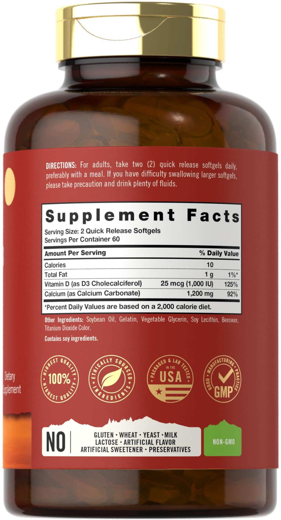 Etiqueta frontal de Carlyle Calcium 1200 mg con D3 para huesos fuertes