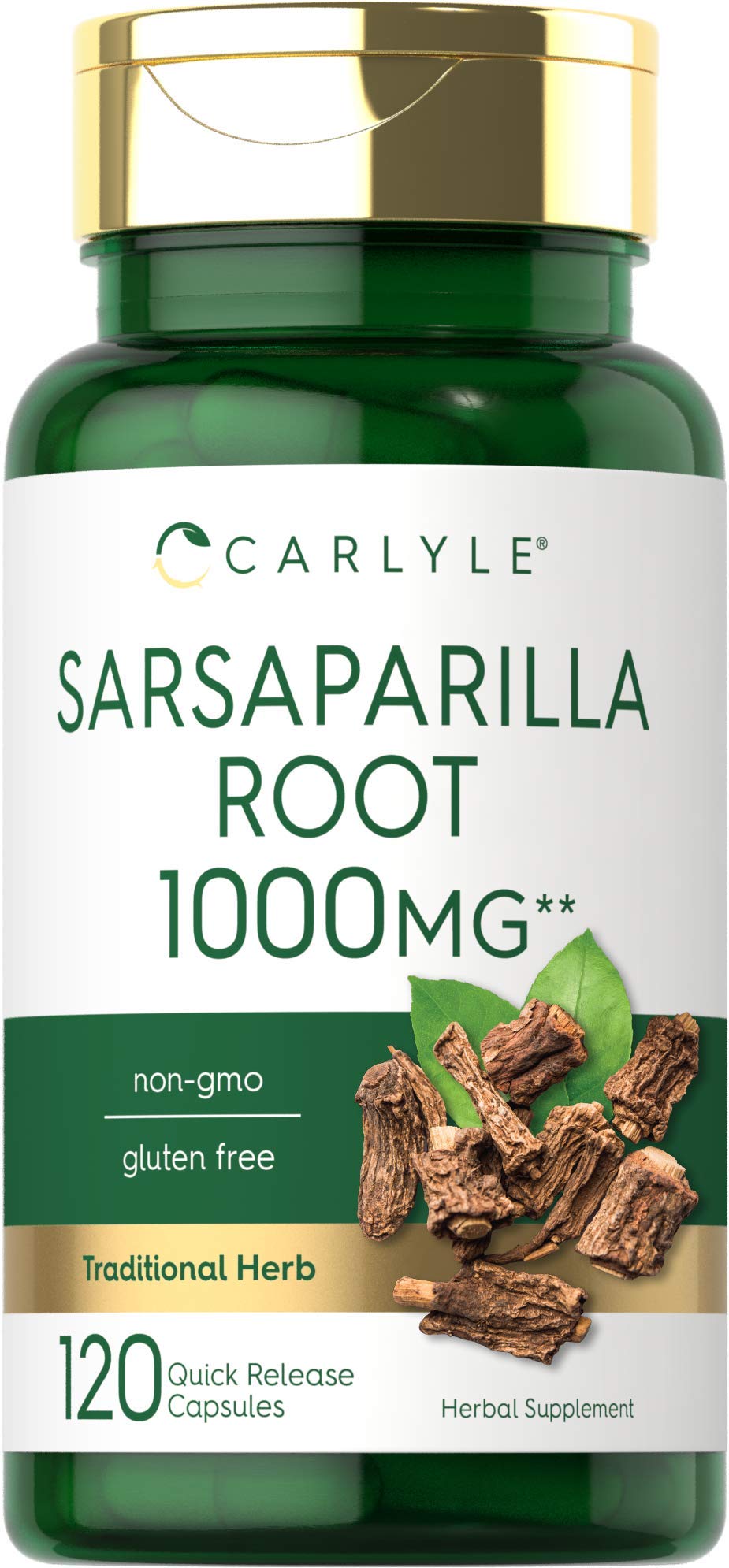 Carlyle cápsulas de raíz de sarsaparilla en botella para uso diario cómodo.