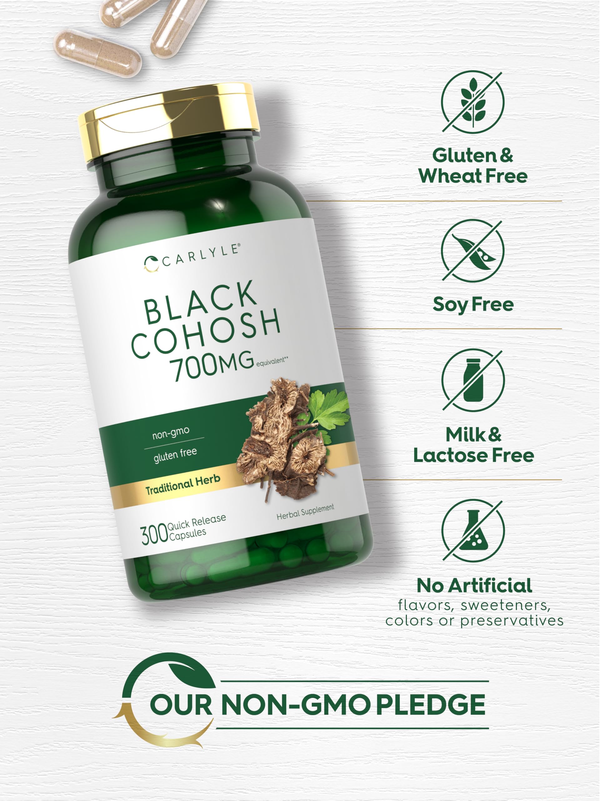 Producto libre de gluten y GMO, Carlyle Cimífuga Negra.