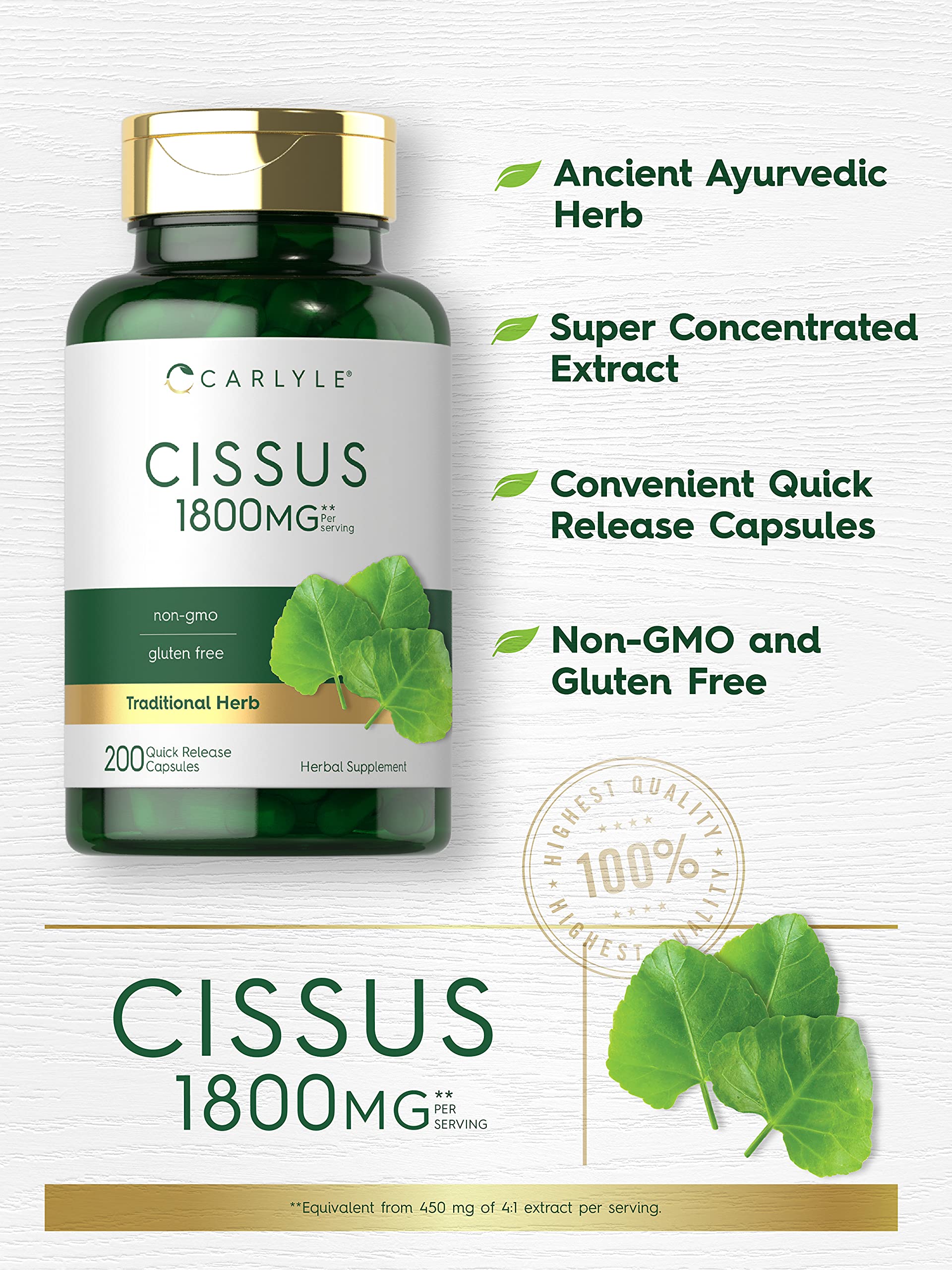 Carlyle Cissus Quadrangularis: etiqueta clara mostrando composición segura y libre de gluten.