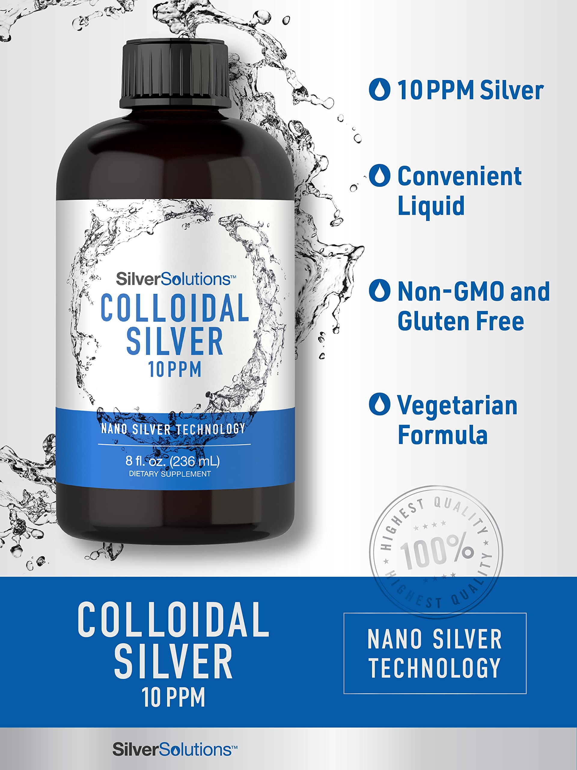 Etiqueta clara de Carlyle Colloidal Silver con información legible.