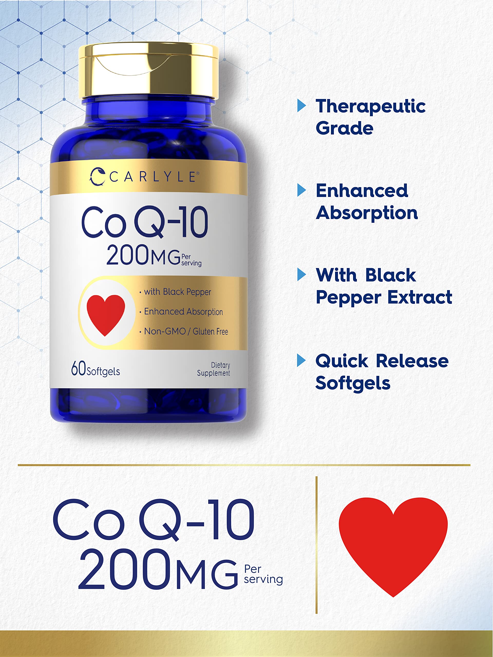 Carlyle CoQ10 200 mg, etiqueta clara, información del producto.
