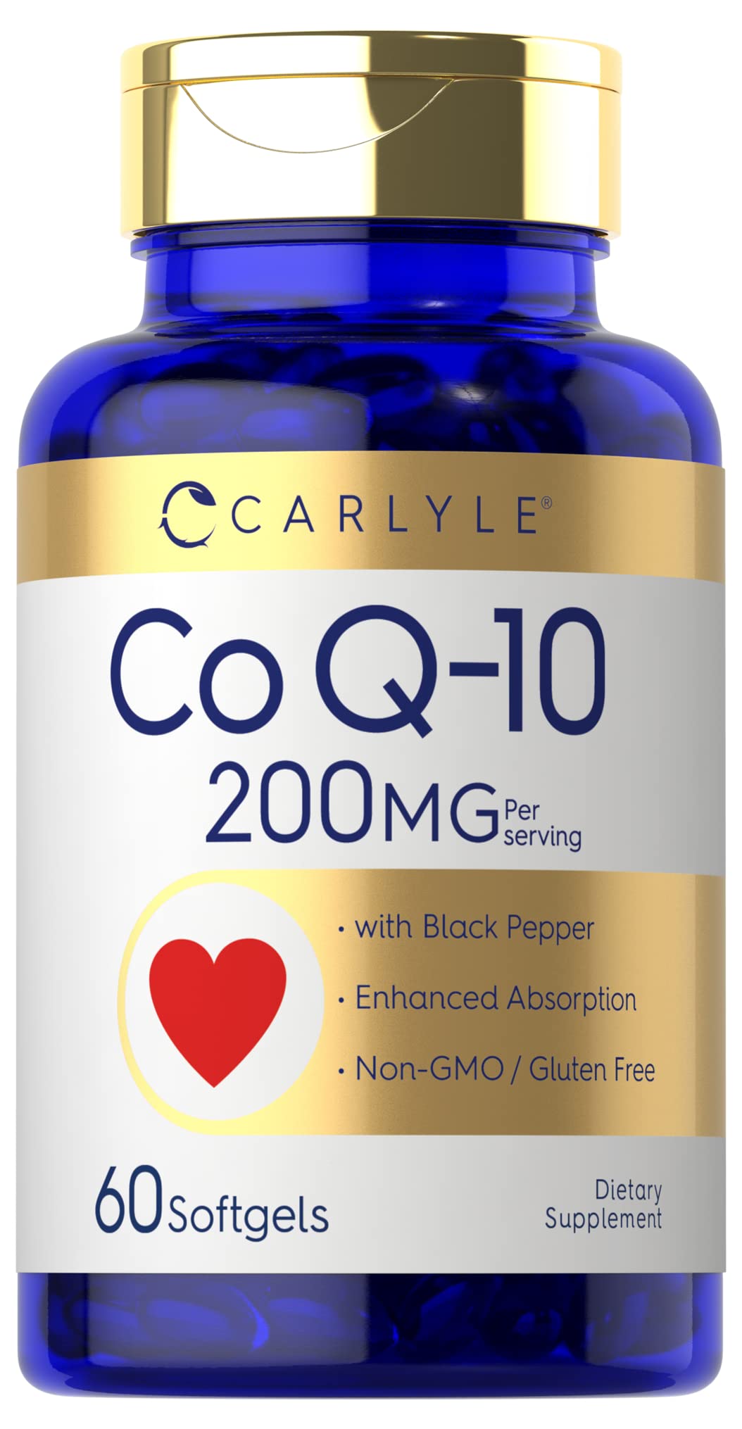 Carlyle CoQ10 200 mg, frasco de cápsulas, apoyo diario para vitalidad.