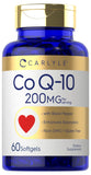 Carlyle CoQ10 200 mg, frasco de cápsulas, apoyo diario para vitalidad.