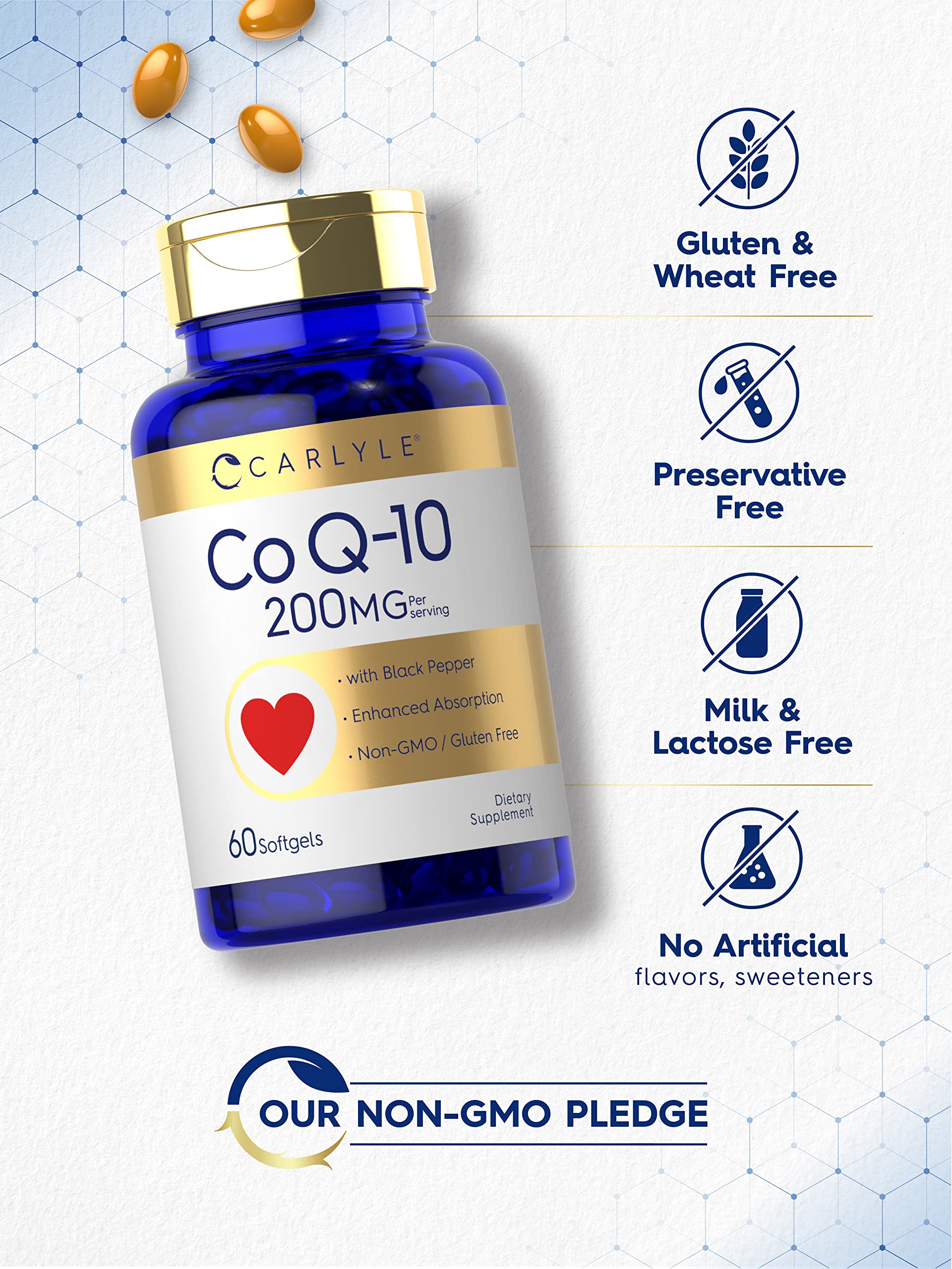 Carlyle CoQ10 200 mg, cápsulas suaves, mayor absorción.