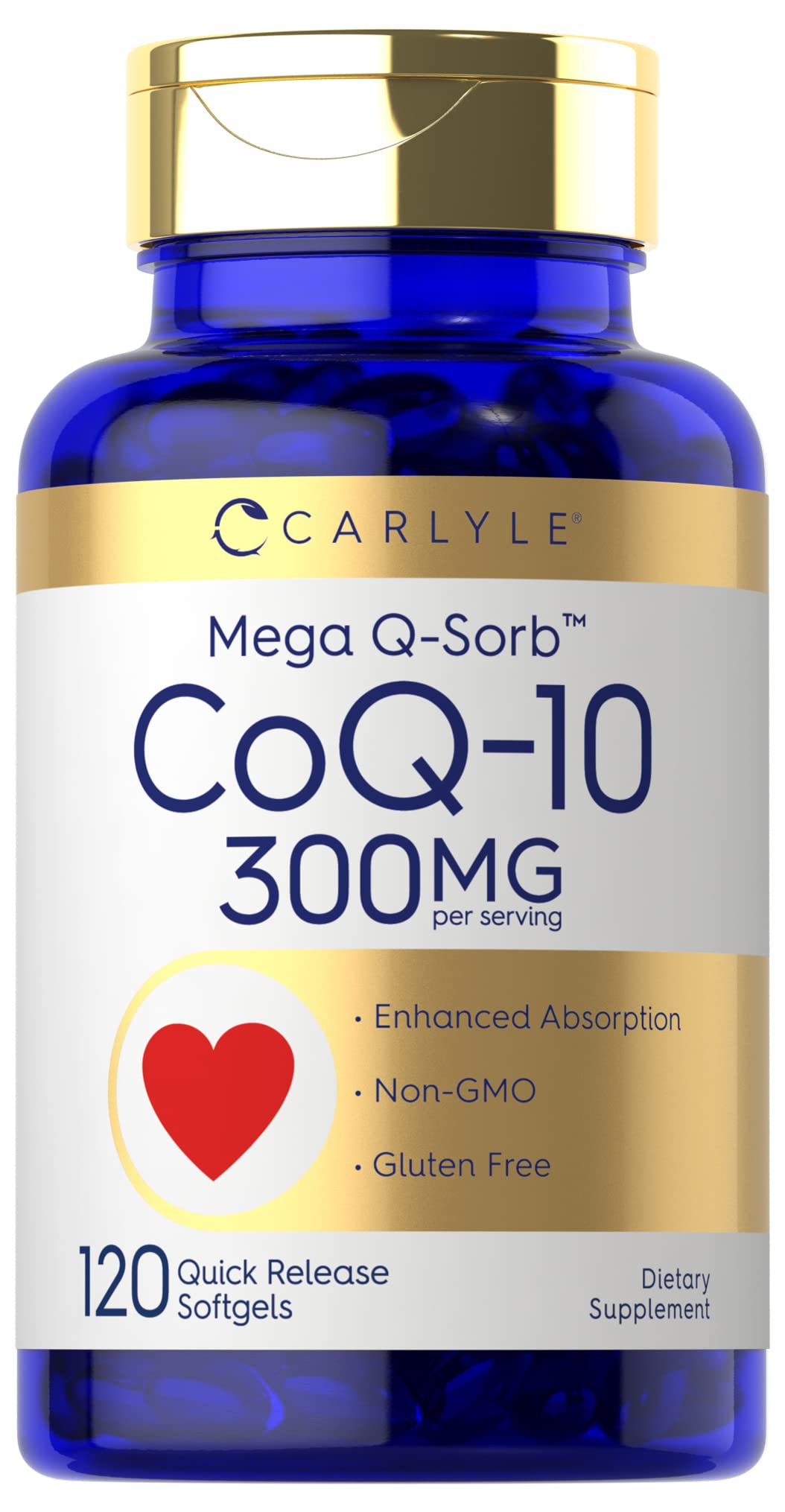 Carlyle CoQ10 300 mg en botella, alta absorción para energía diaria.