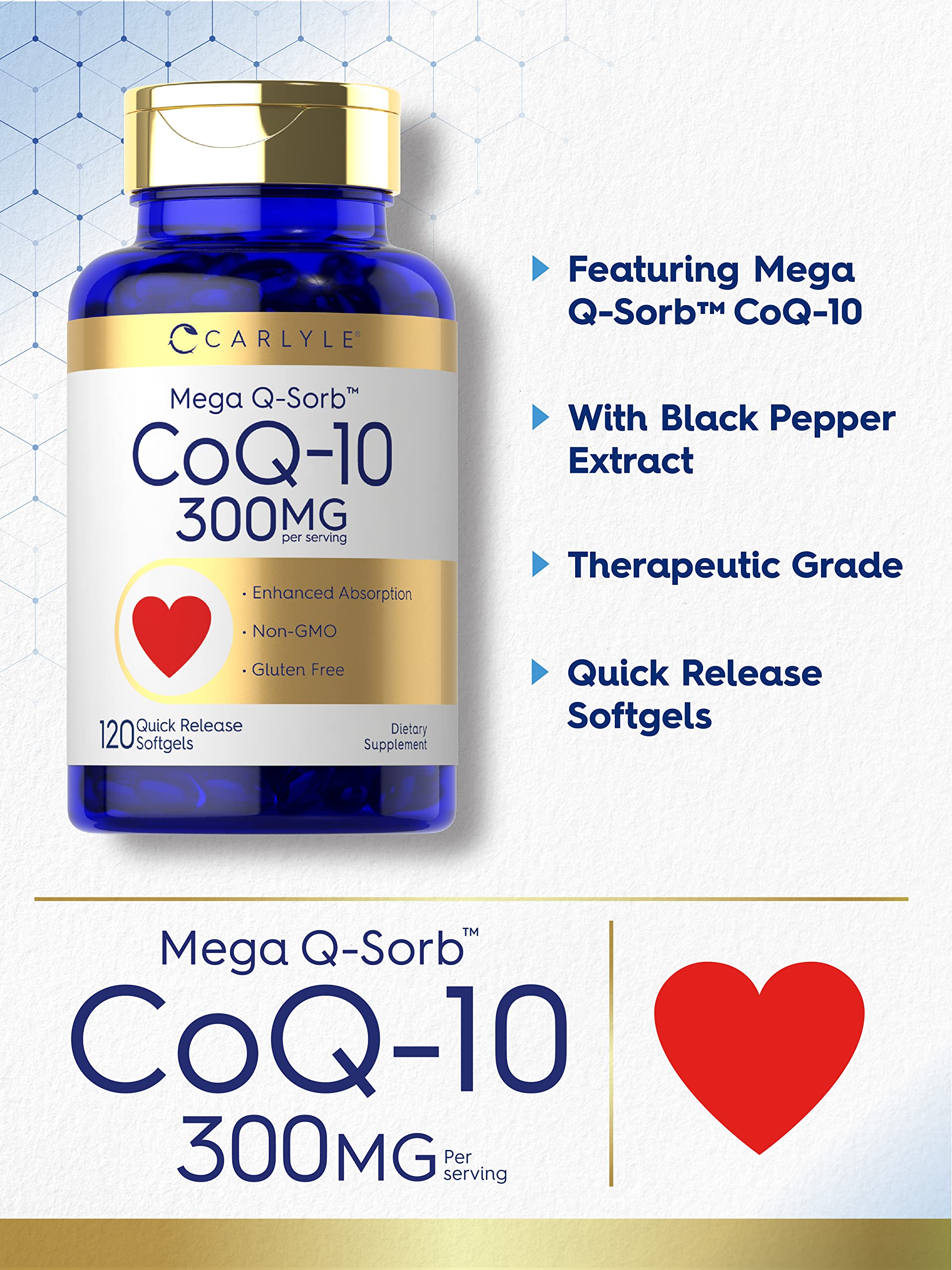 Etiqueta de Carlyle CoQ10 300 mg mostrando la fórmula Mega Q-Sorb.