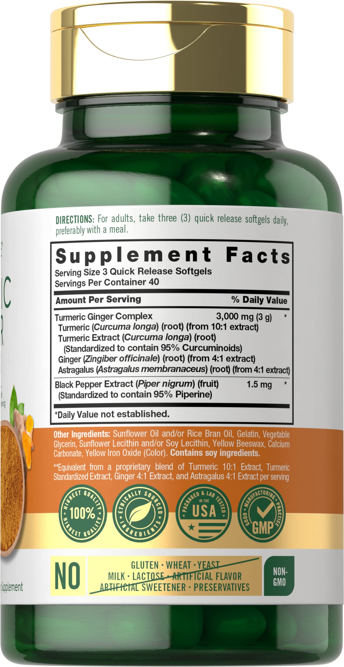 Carlyle curcuma jengibre capsulas blandas, etiqueta visible con ingredientes
