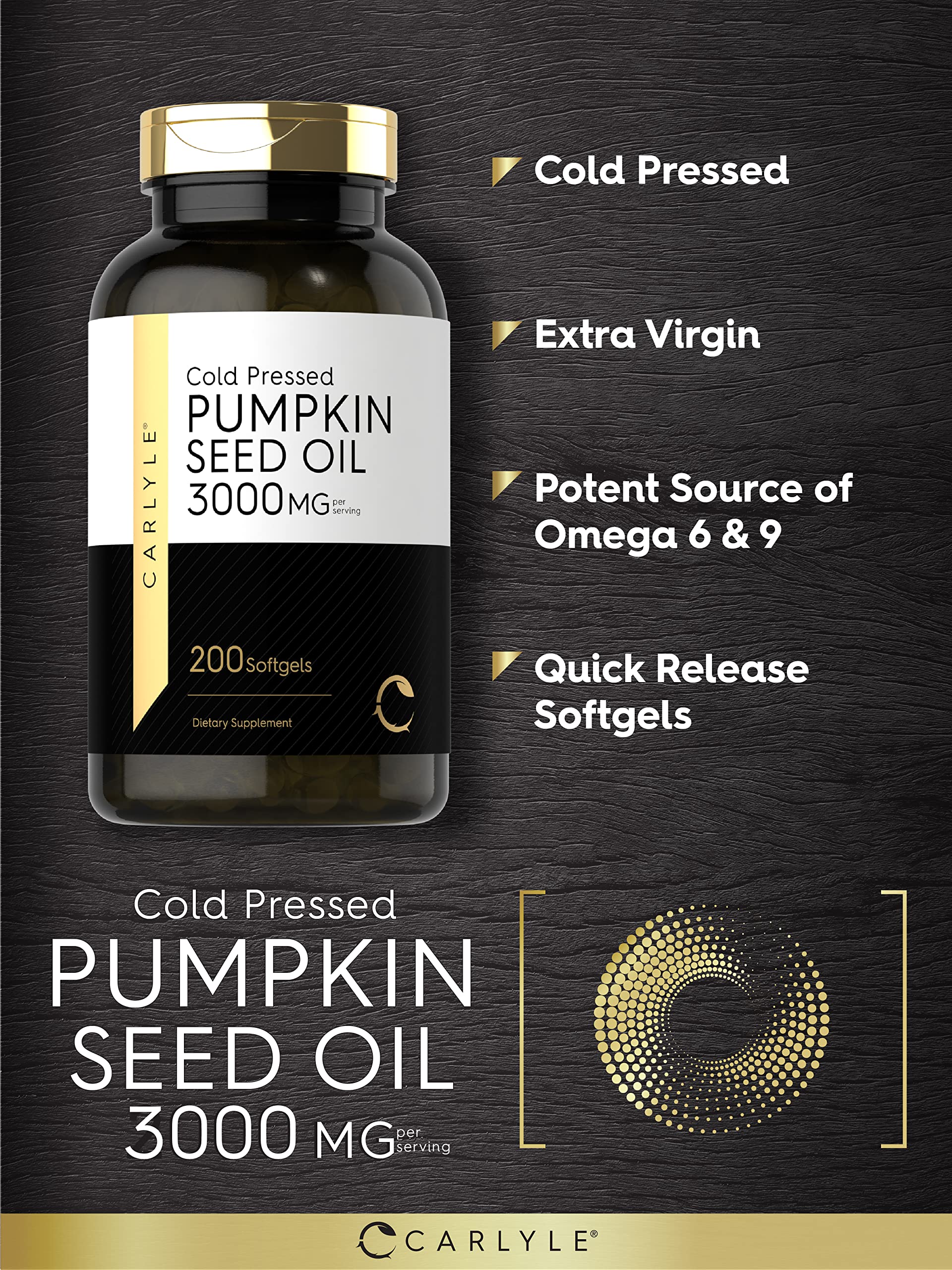 Carlyle etiqueta: aceite de calabaza, etiqueta clara y opción sin gluten.