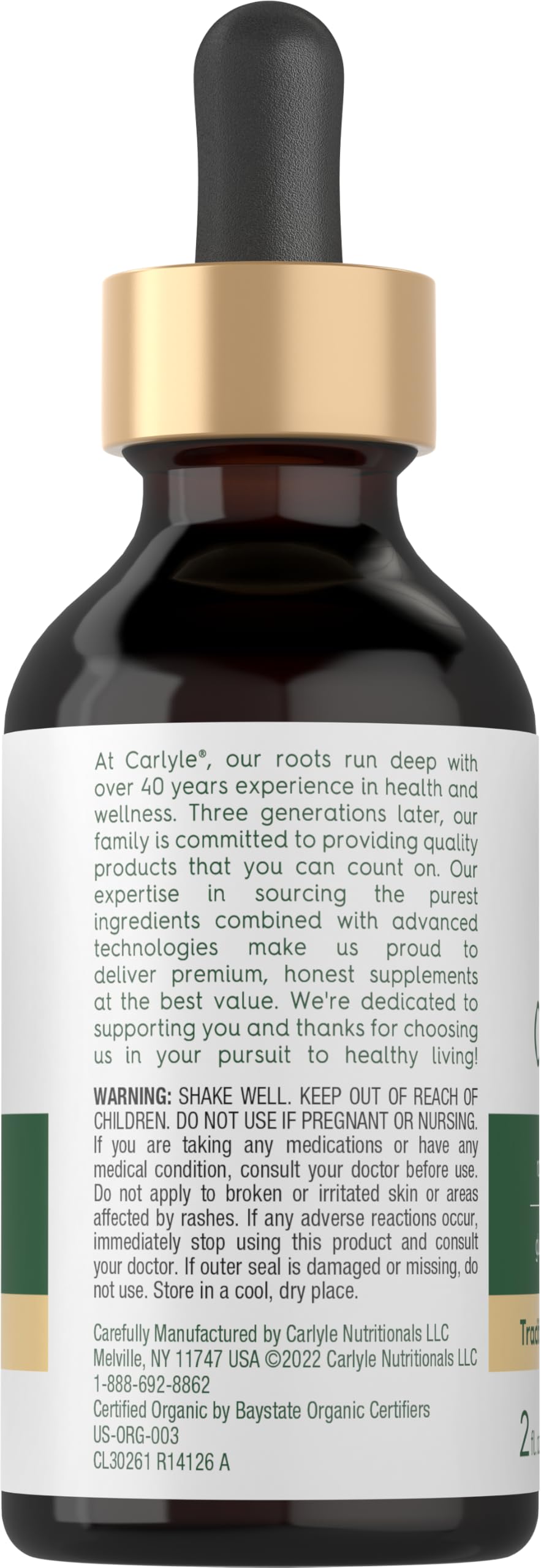 Etiqueta Carlyle Aceite de Orégano Orgánico destaca fórmula vegana y sin gluten.