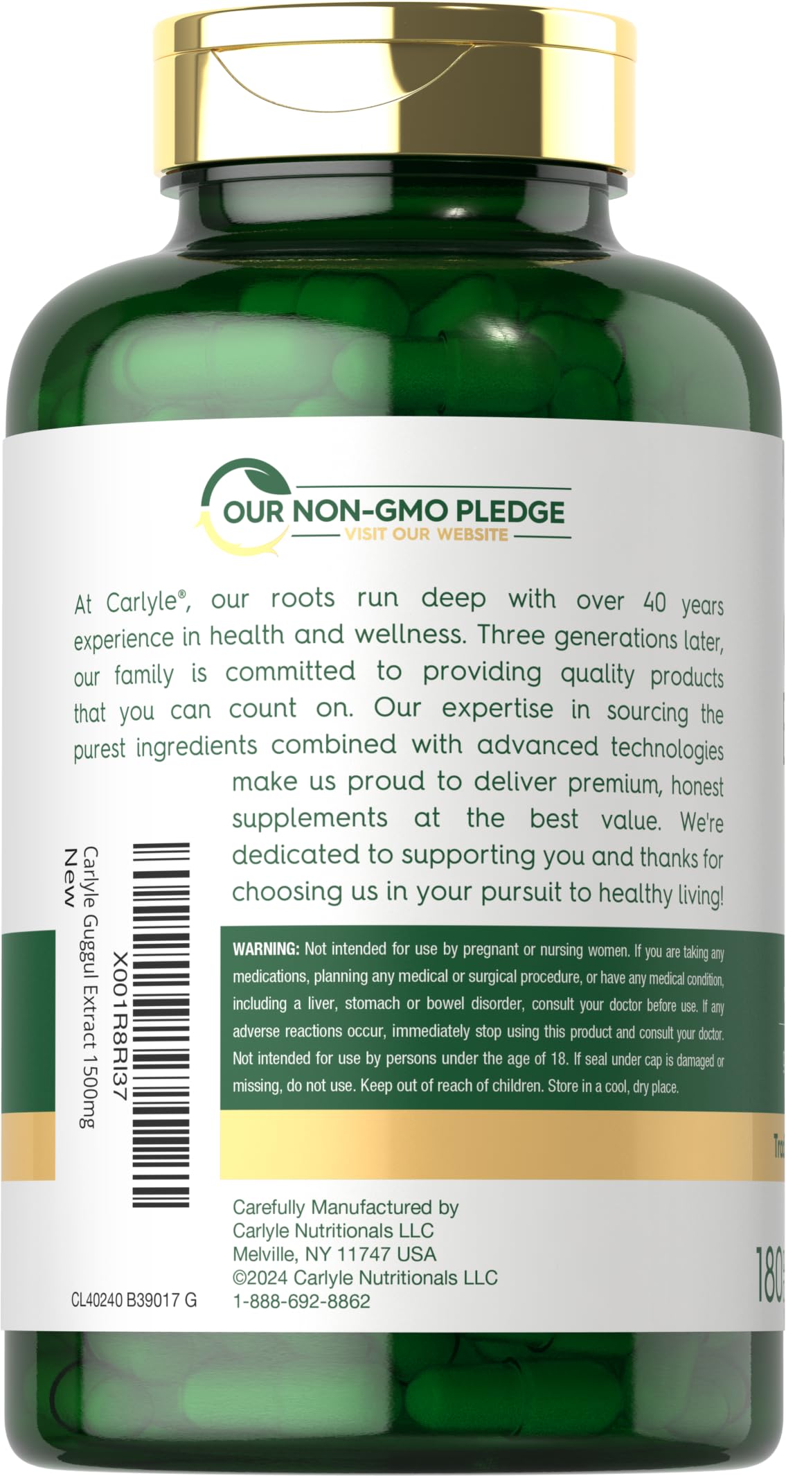 Carlyle Guggul Extract: capsulas visibles en frasco para dosis diaria.