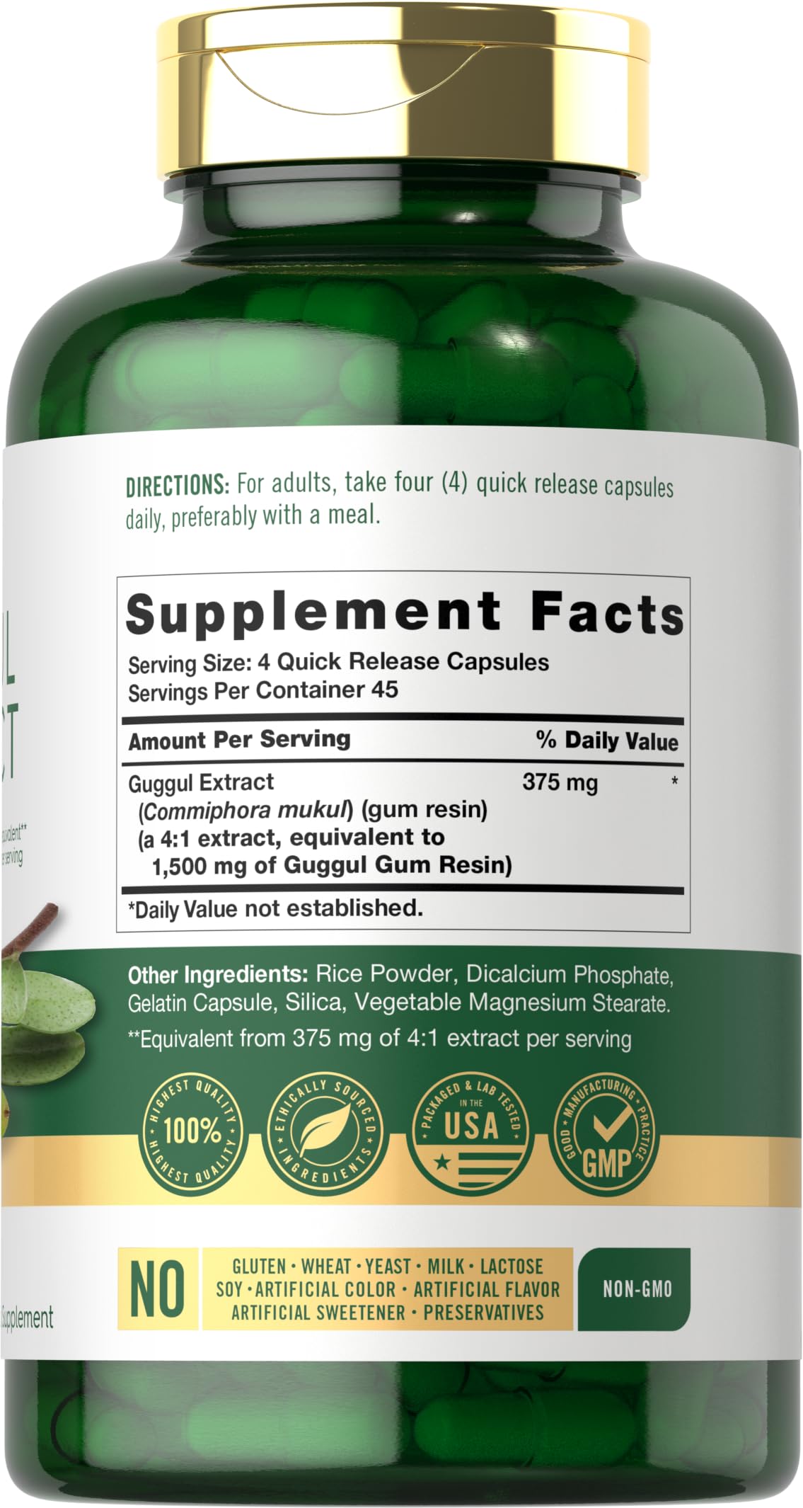 Carlyle Guggul Extract: etiqueta clara para verificar ingredientes sin gluten.
