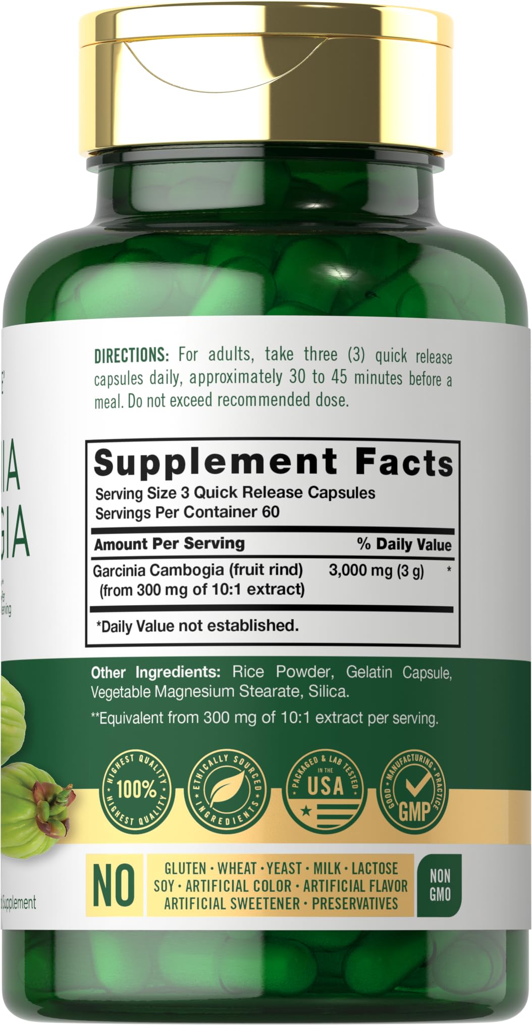 Cápsulas de Carlyle Garcinia Cambogia Extract listas para uso diario.