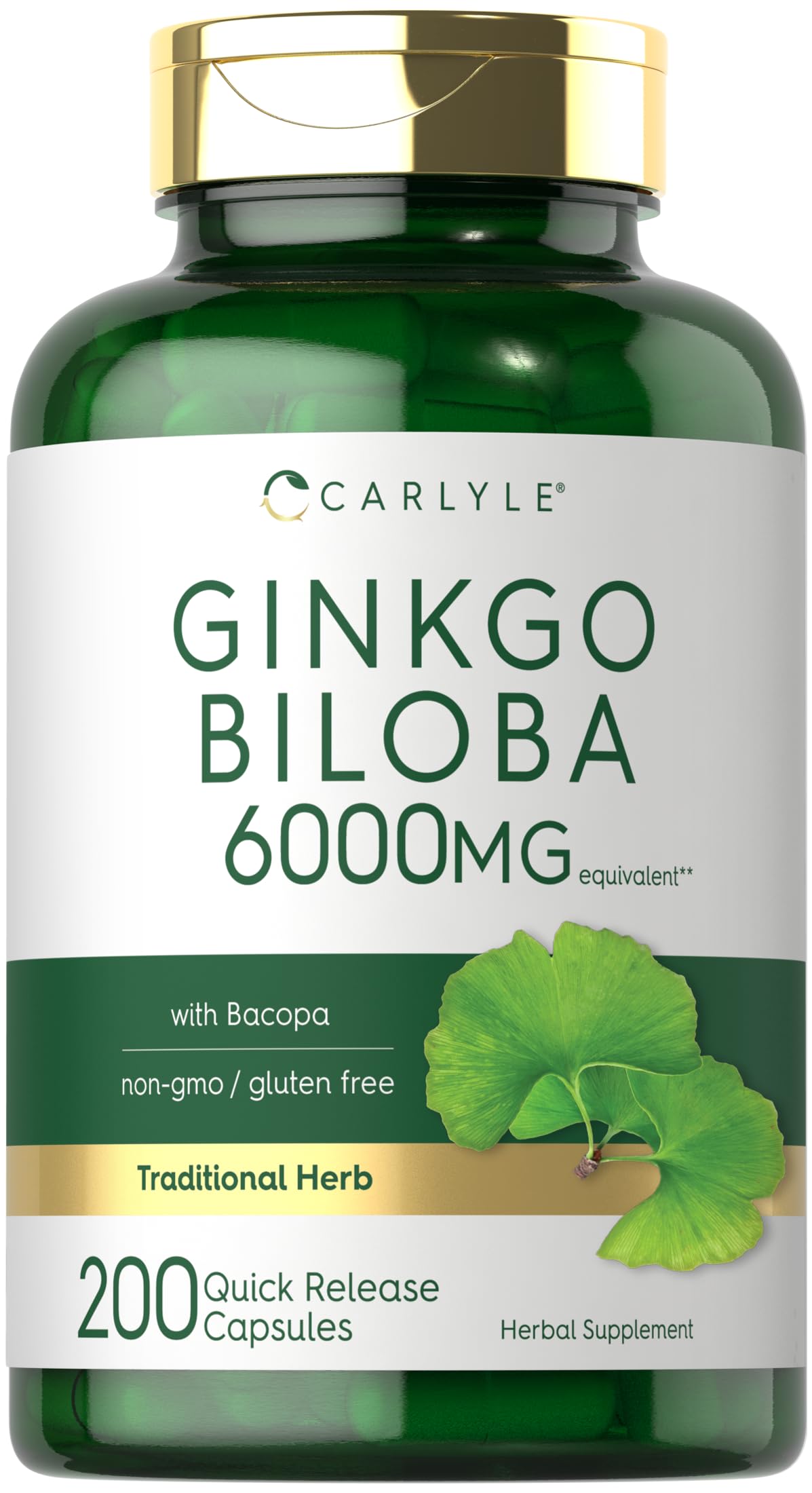Carlyle Ginkgo Biloba cápsulas en botella, apoyo a la vitalidad diaria.