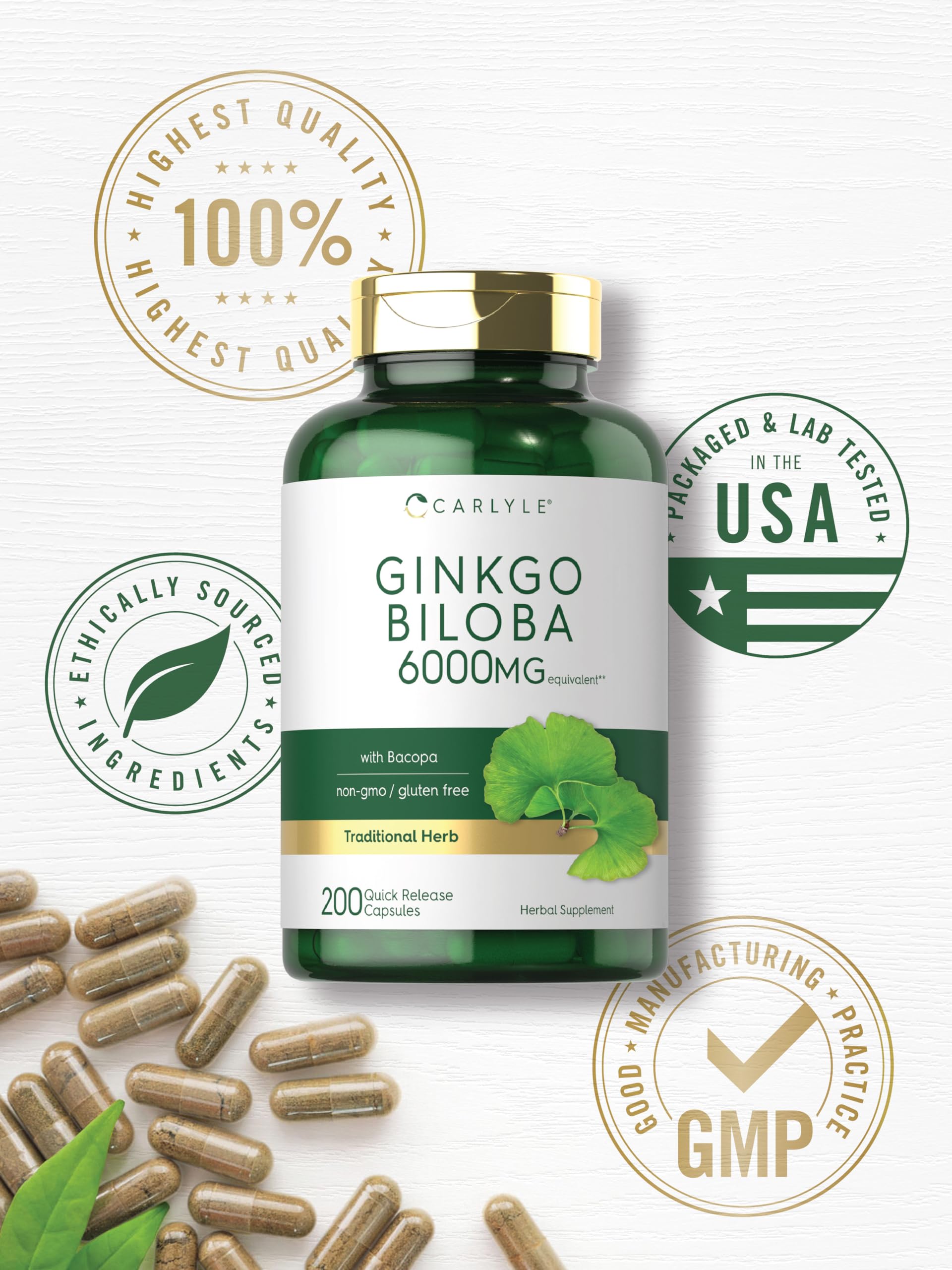 Formato de cápsula de Carlyle Ginkgo Biloba facilita la ingesta diaria.