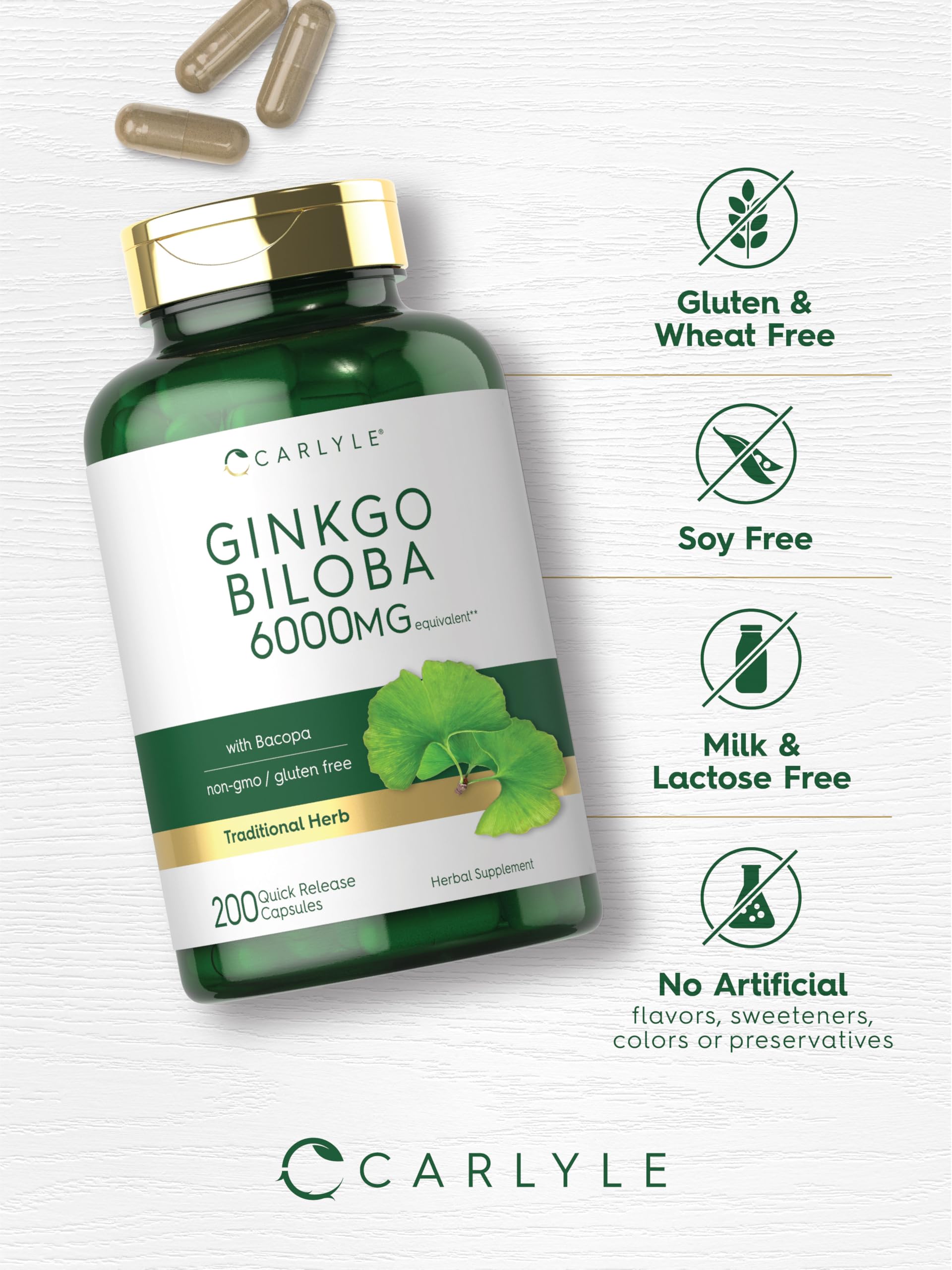 Textura de cápsula de Carlyle Ginkgo Biloba, consumo cómodo.