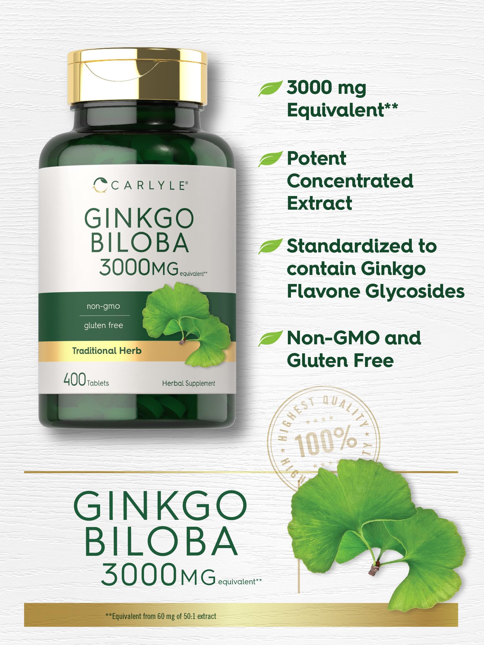 Cápsulas Carlyle Ginkgo Biloba en envase vegetariano y sin gluten.