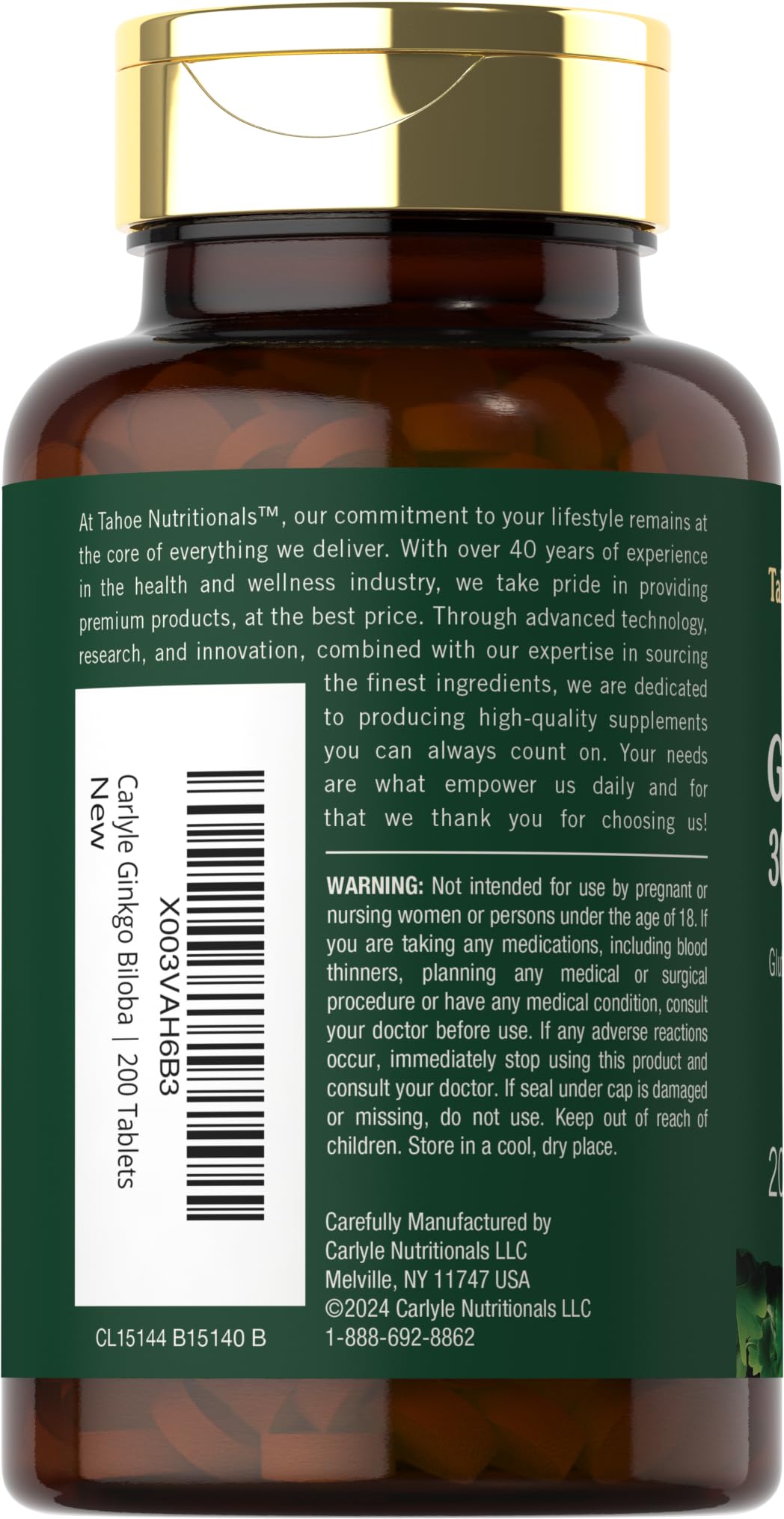 Etiqueta de ingredientes de Carlyle Ginkgo Biloba mostrando fórmula libre de OGM