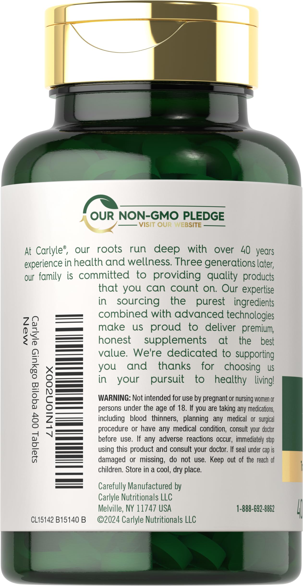 Etiqueta nutricional clara de Carlyle Ginkgo Biloba para consumo consciente.