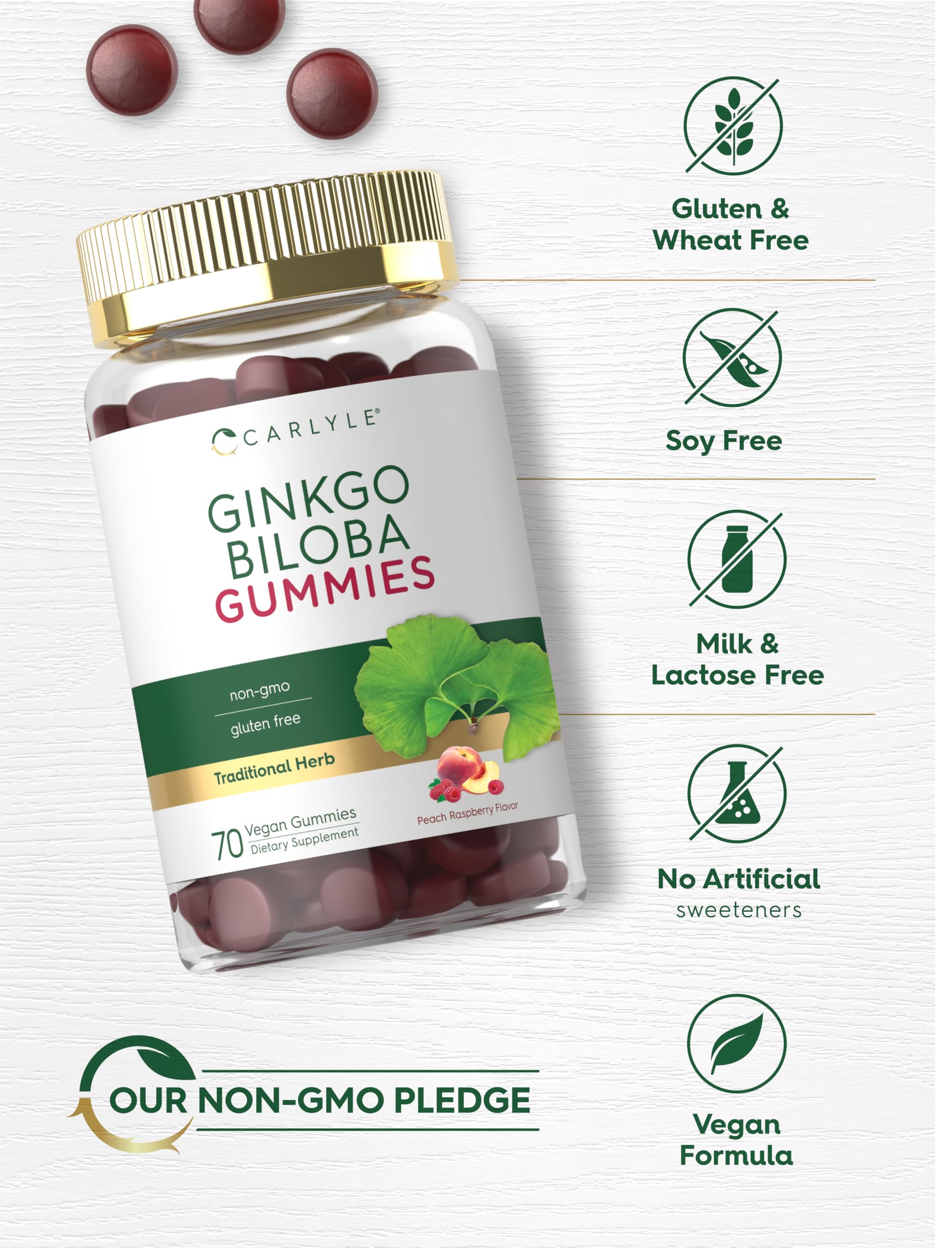 Carlyle Ginkgo Biloba, etiqueta sin gluten, opción apta para dietas.