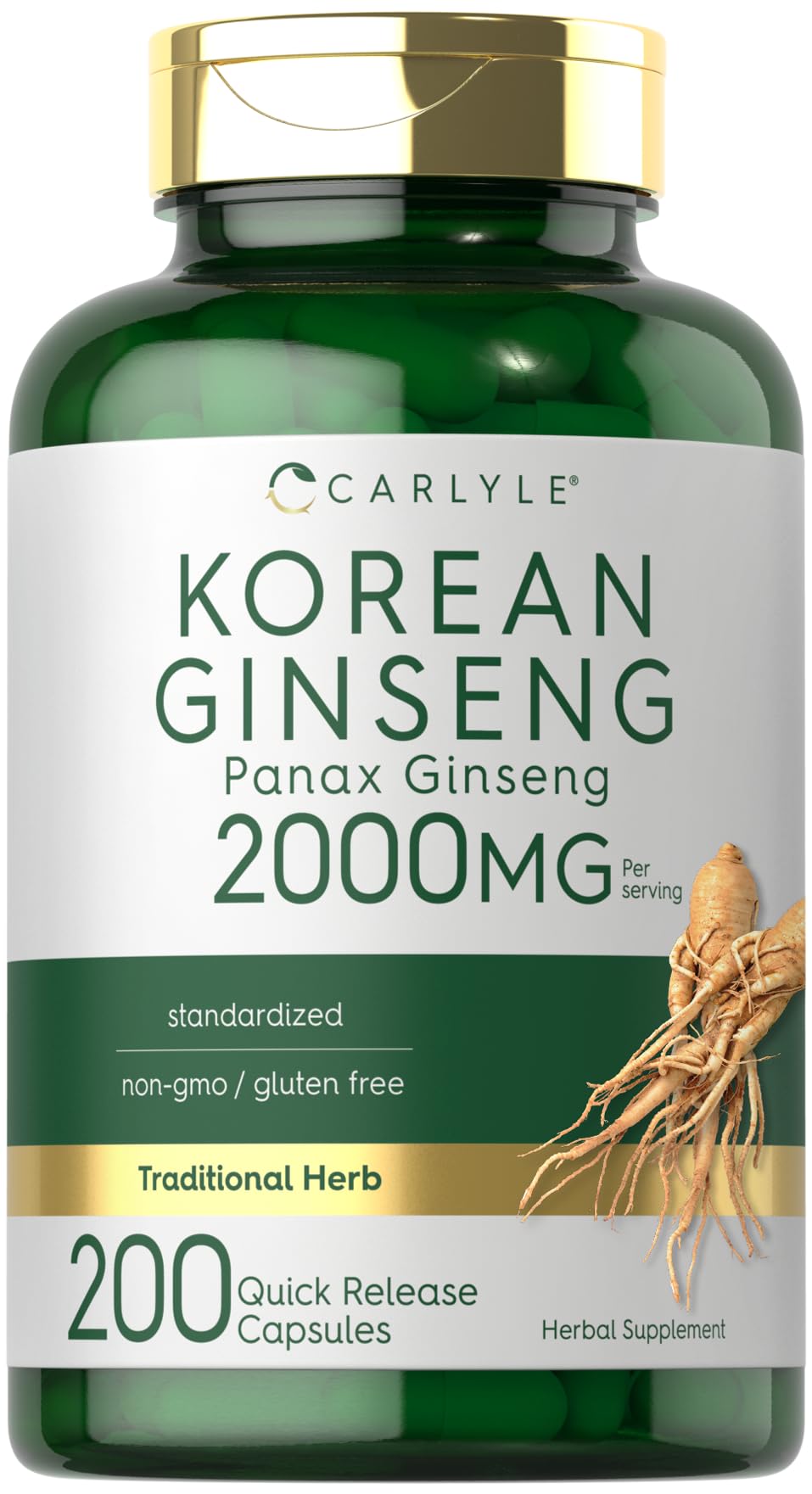 Carlyle Ginseng Coreano 2000 mg cápsulas de liberación rápida para energía diaria.