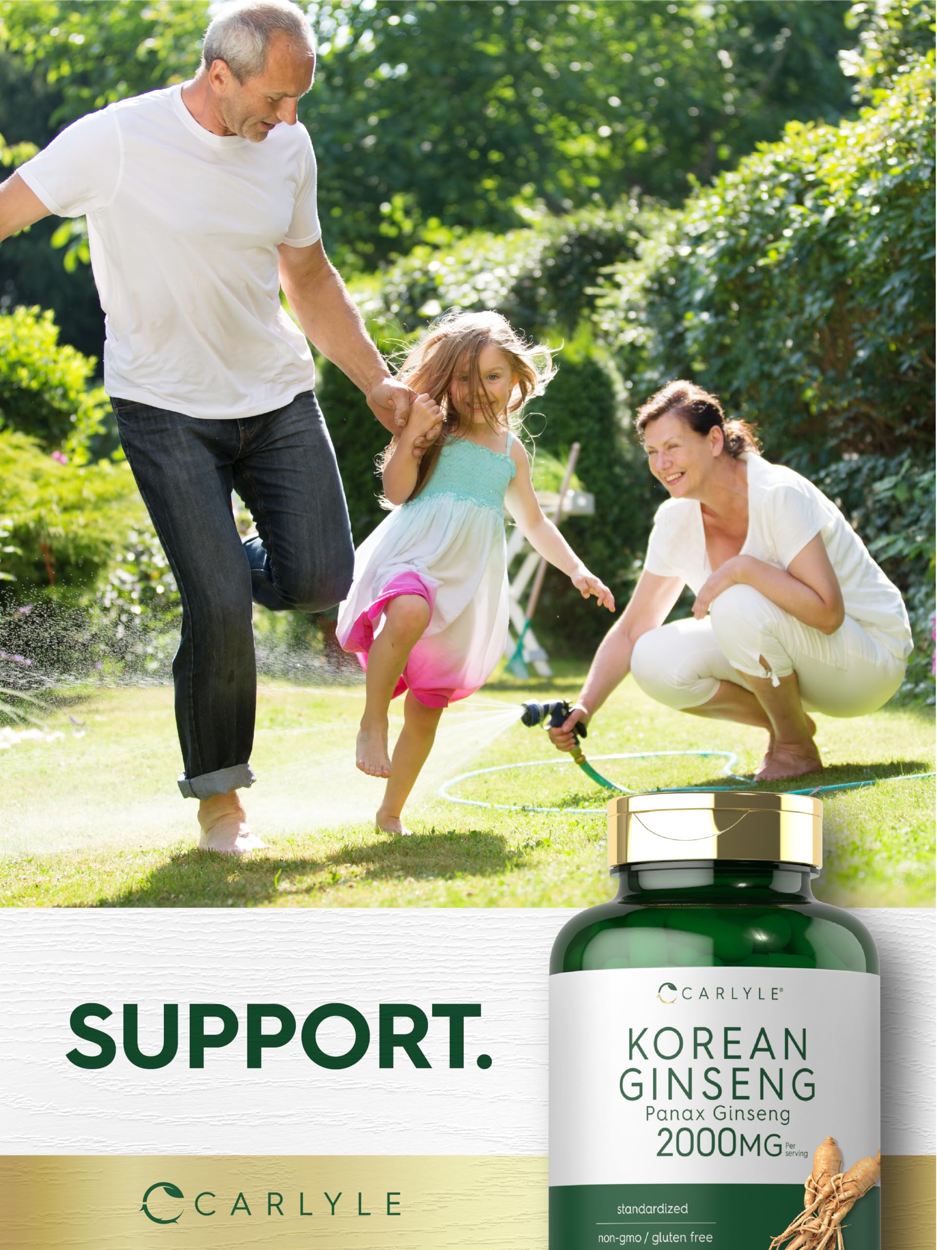 Carlyle Ginseng Coreano 2000 mg, envase plástico para almacenamiento cómodo.