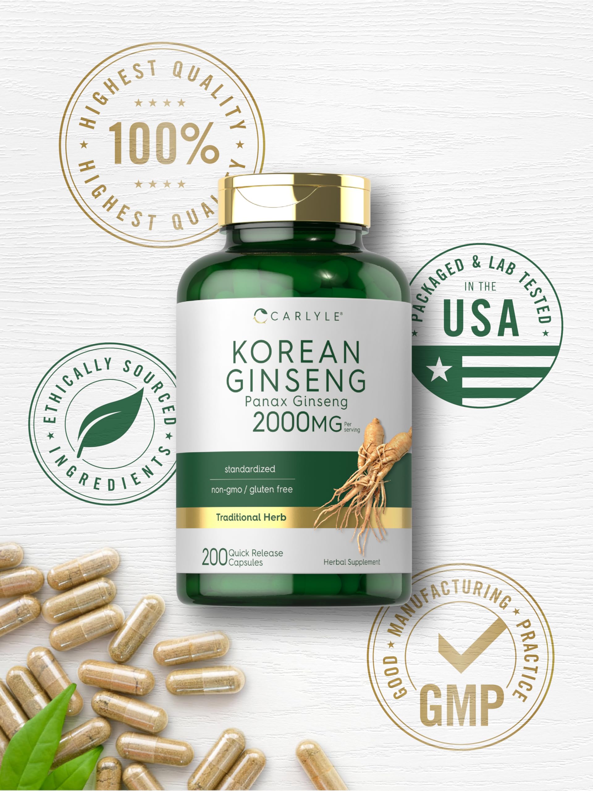Carlyle Ginseng Coreano 2000 mg, detalle de la etiqueta y composición.