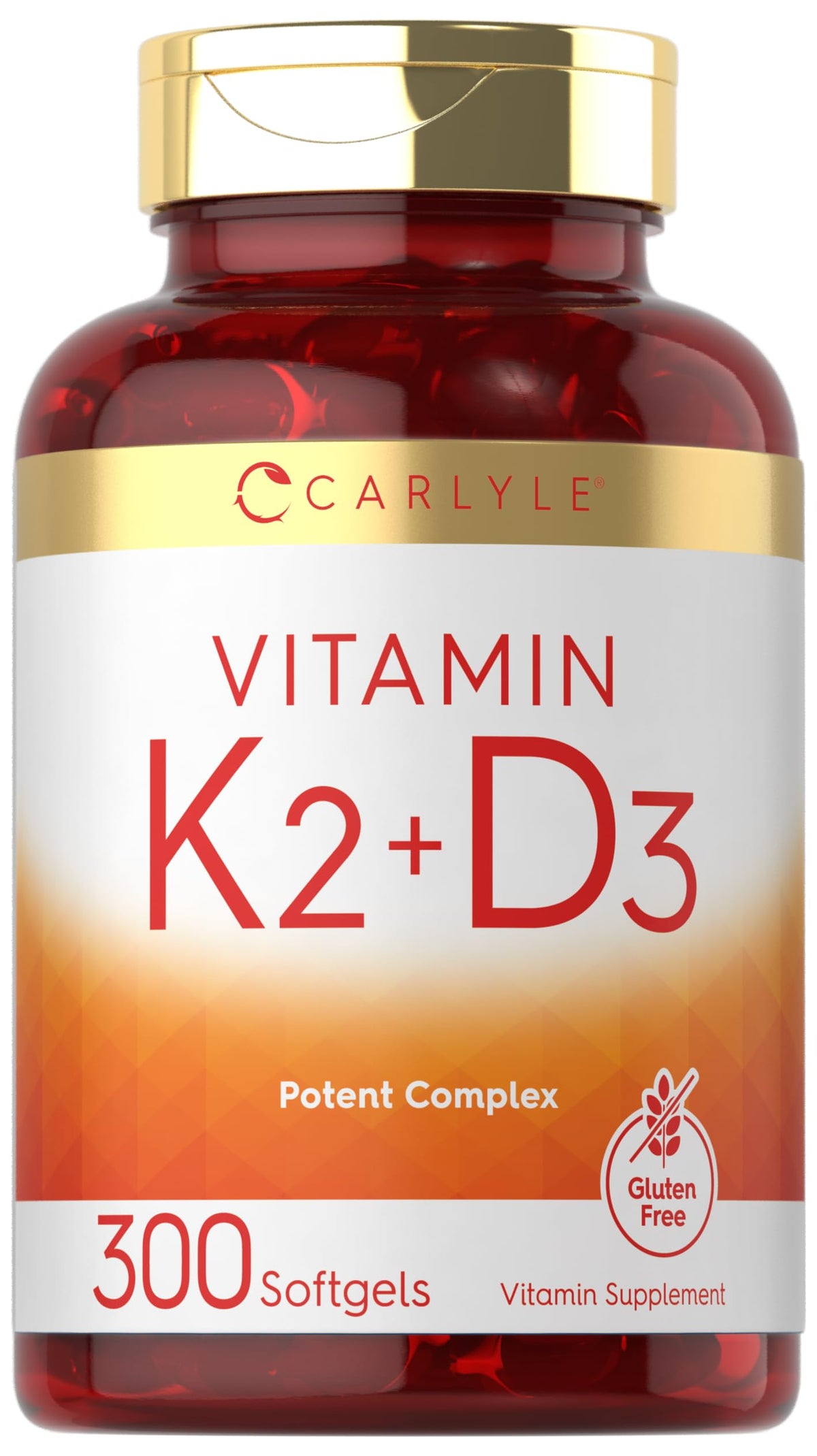 Carlyle K2D3, botella de 300 cápsulas blandas para uso diario.