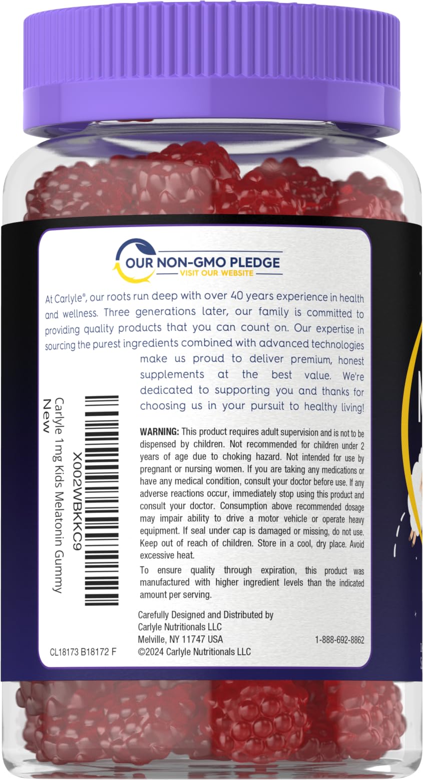 Gomitas Carlyle Kids Melatonin, textura suave, sabor frutal para hábitos nocturnos saludables.