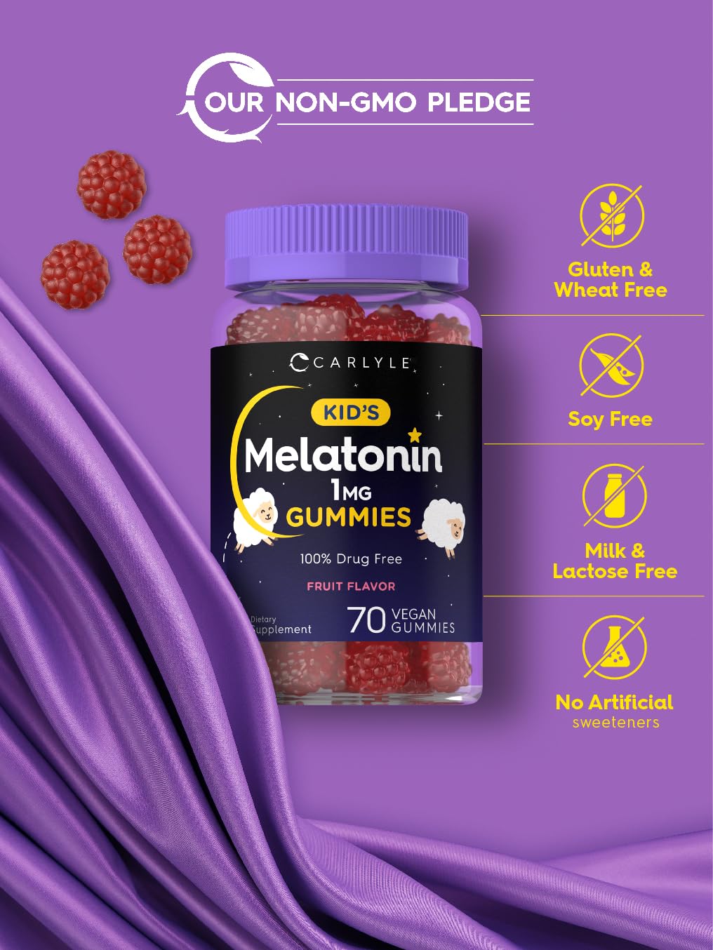 Gomitas Carlyle Kids Melatonin, sin gluten, para una dieta inclusiva.