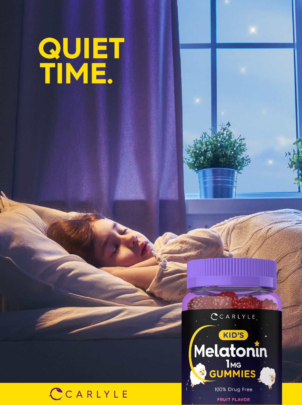 Gomitas Carlyle Kids Melatonin, sabor bayas, sin OGM para tranquilidad diaria.