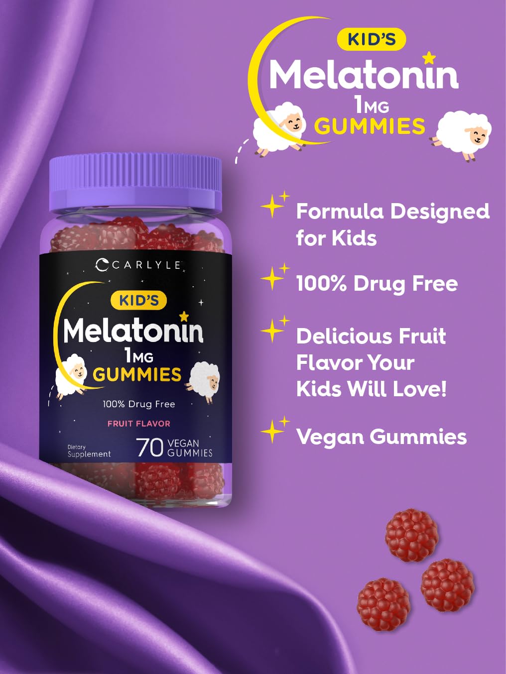 Gomitas Carlyle Kids Melatonin, 100% veganas, opción saludable para meriendas nocturnas.