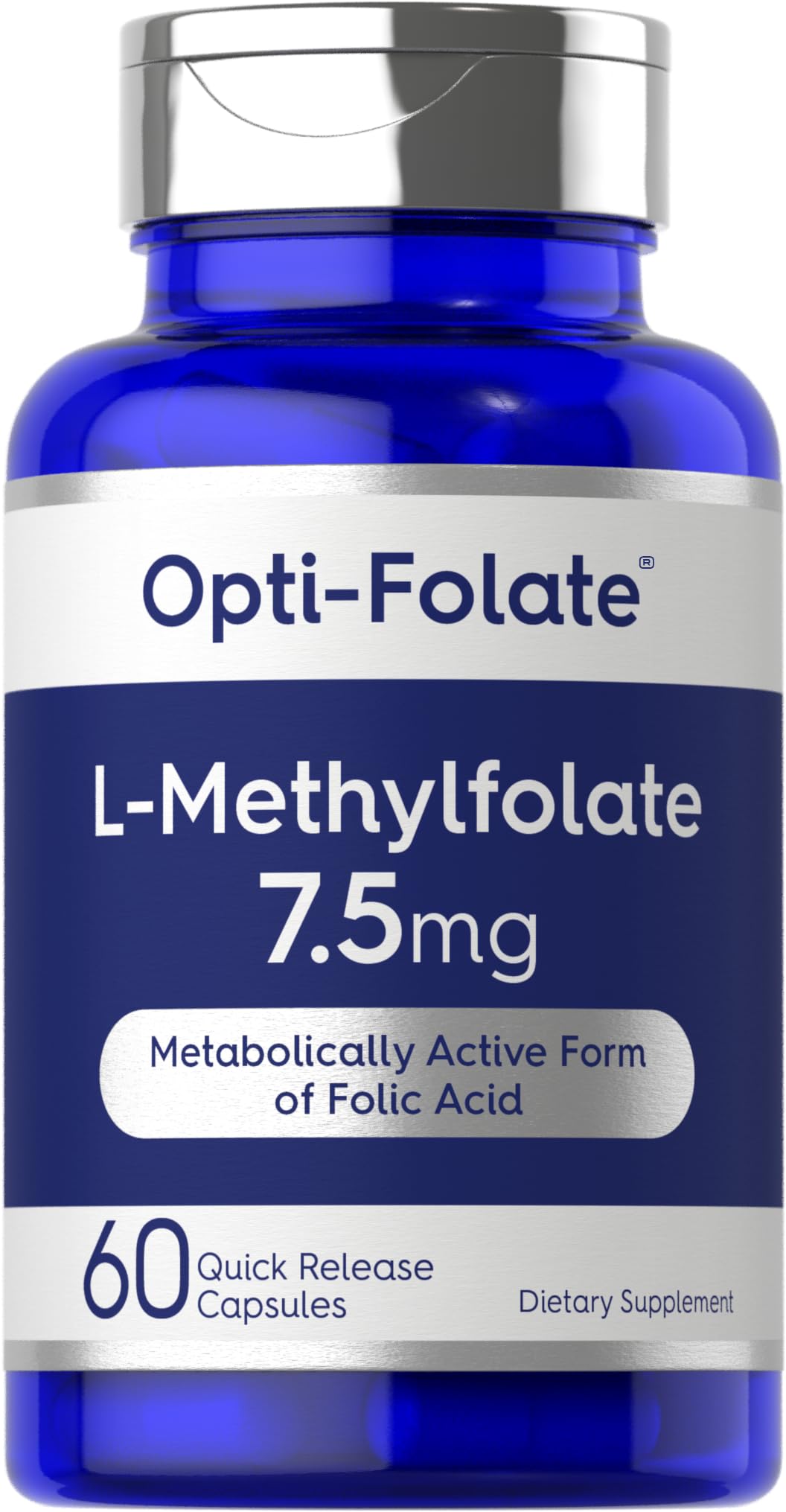 Carlyle L-metilfolato 7.5 mg en botella frontal, opción para uso diario.