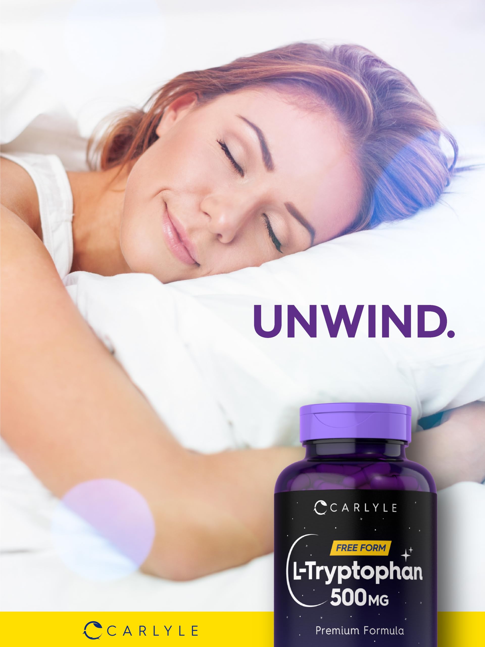 Carlyle L-Triptófano 500 mg uso nocturno sugerido para rutina de relajación.