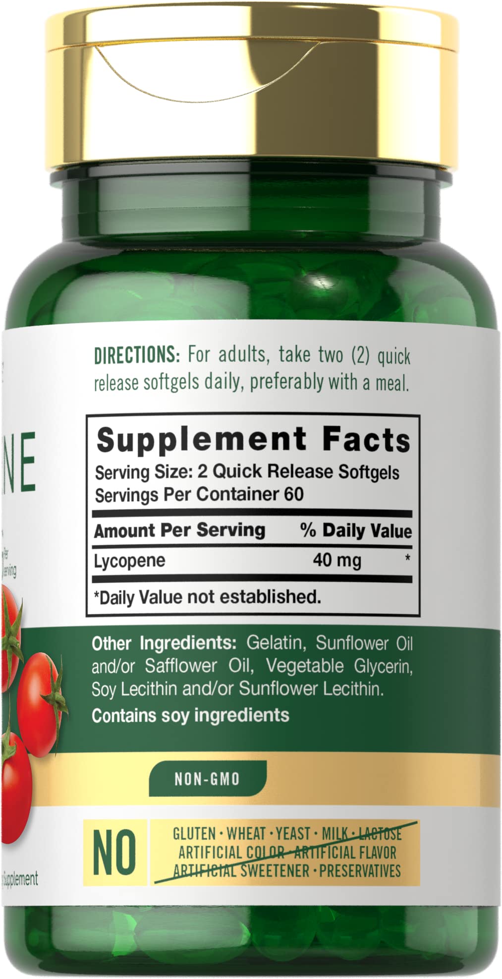 Etiqueta trasera de Carlyle Licopeno 40 mg con ingredientes y estándares