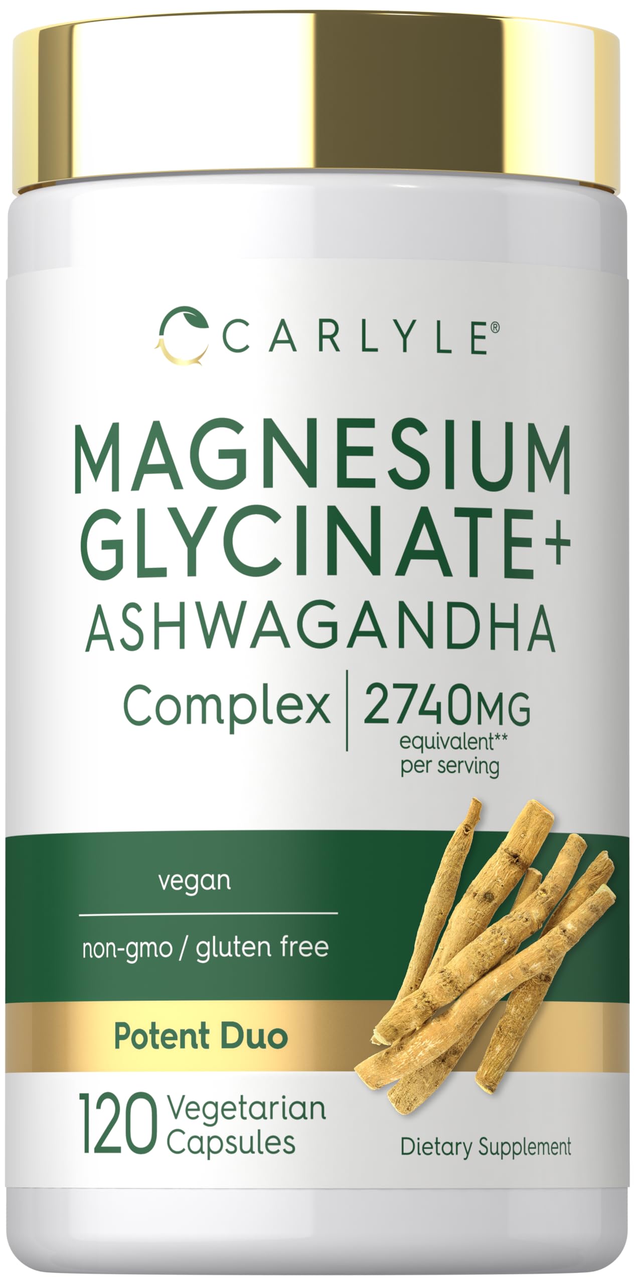 Carlyle glicinato de magnesio con ashwagandha, botella frontal para uso diario suave.