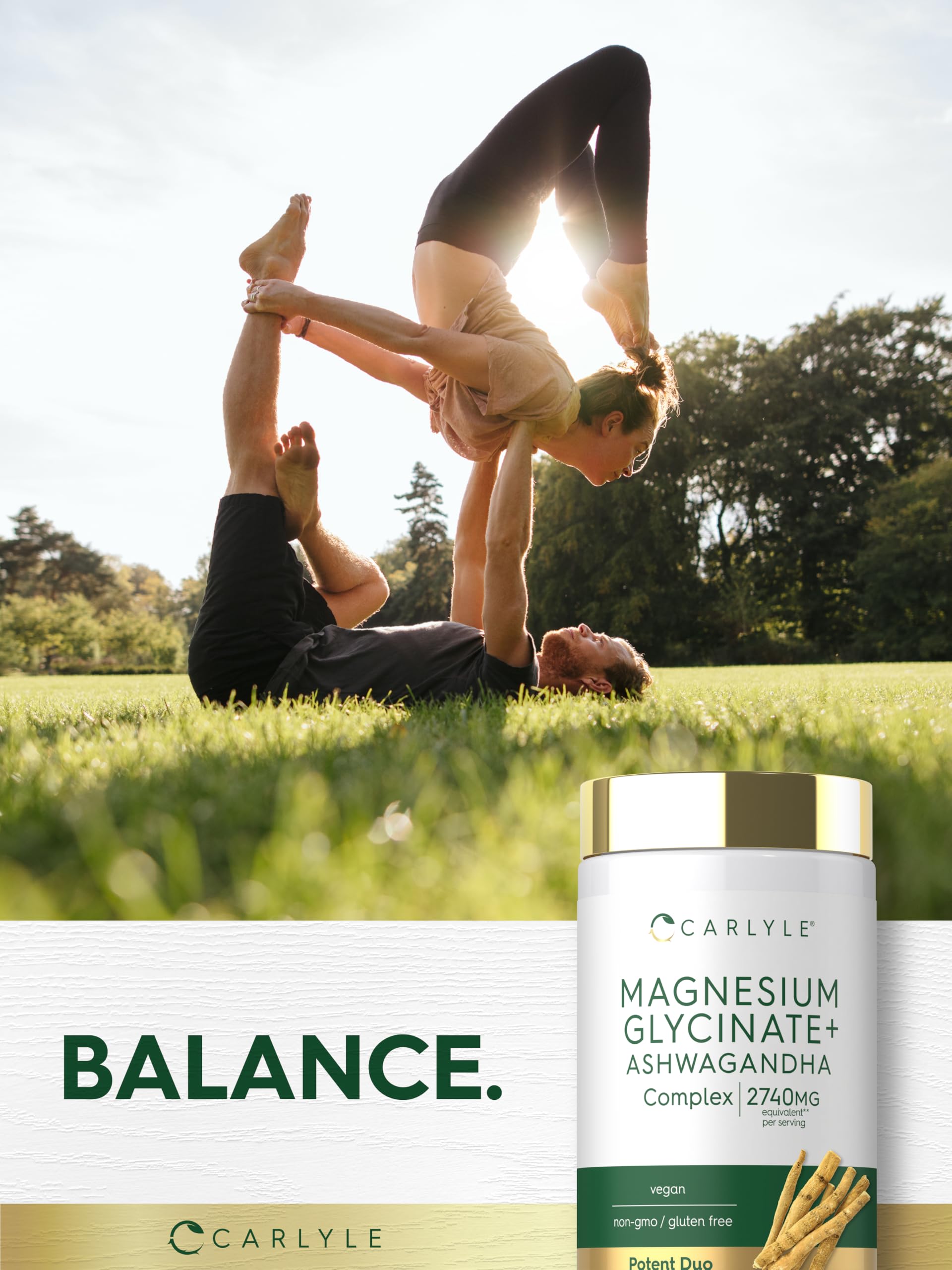 Carlyle glicinato de magnesio con ashwagandha, etiqueta muestra calidad y lista de ingredientes.