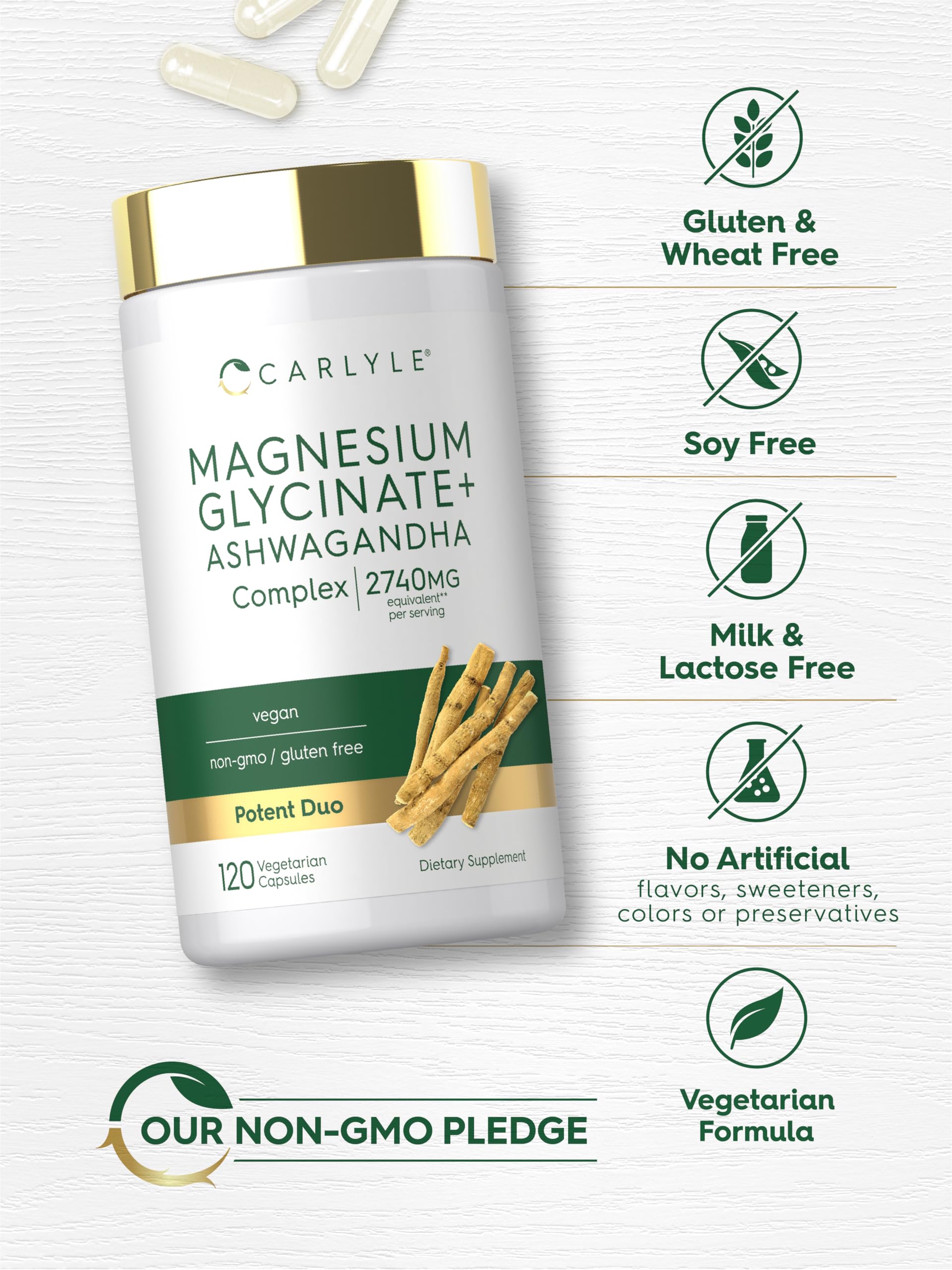 Carlyle glicinato de magnesio con ashwagandha, uso diario cómodo y estable.