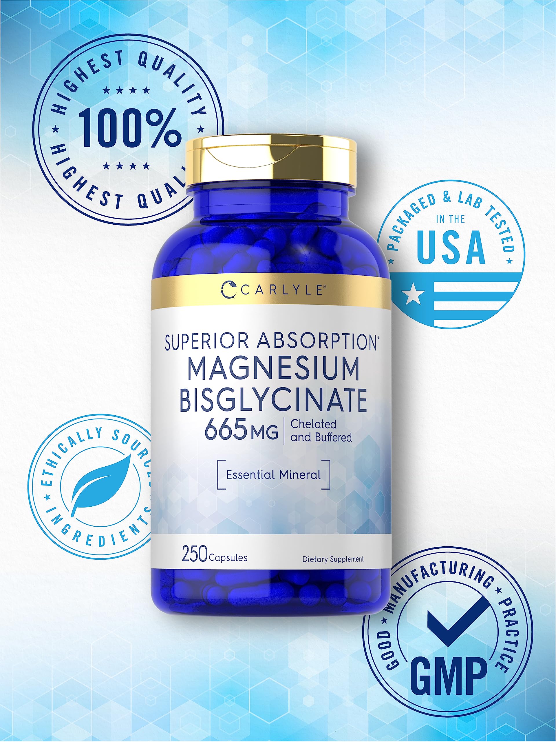 Carlyle Magnesio Bisglicinato 665 mg, fabricado en laboratorio, alta pureza.