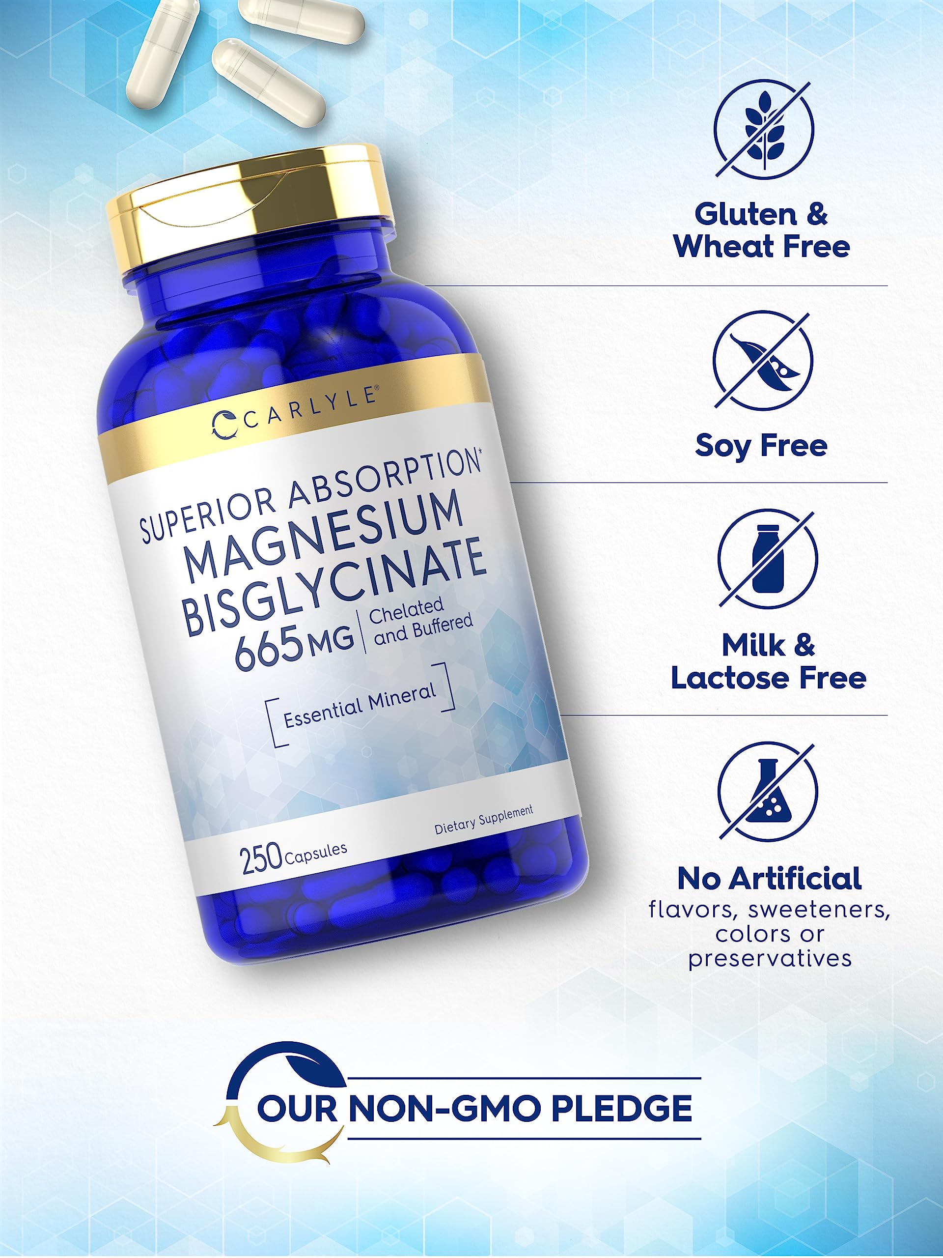 Carlyle Magnesio Bisglicinato 665 mg, sin gluten, opción para dietas sensibles.