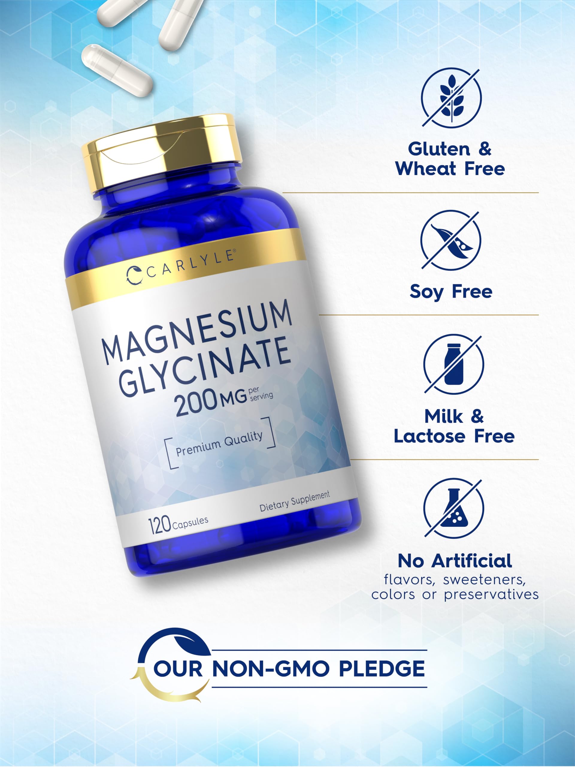 Dosis de 200 mg de Carlyle Magnesium Glycinate para dosificación clara.