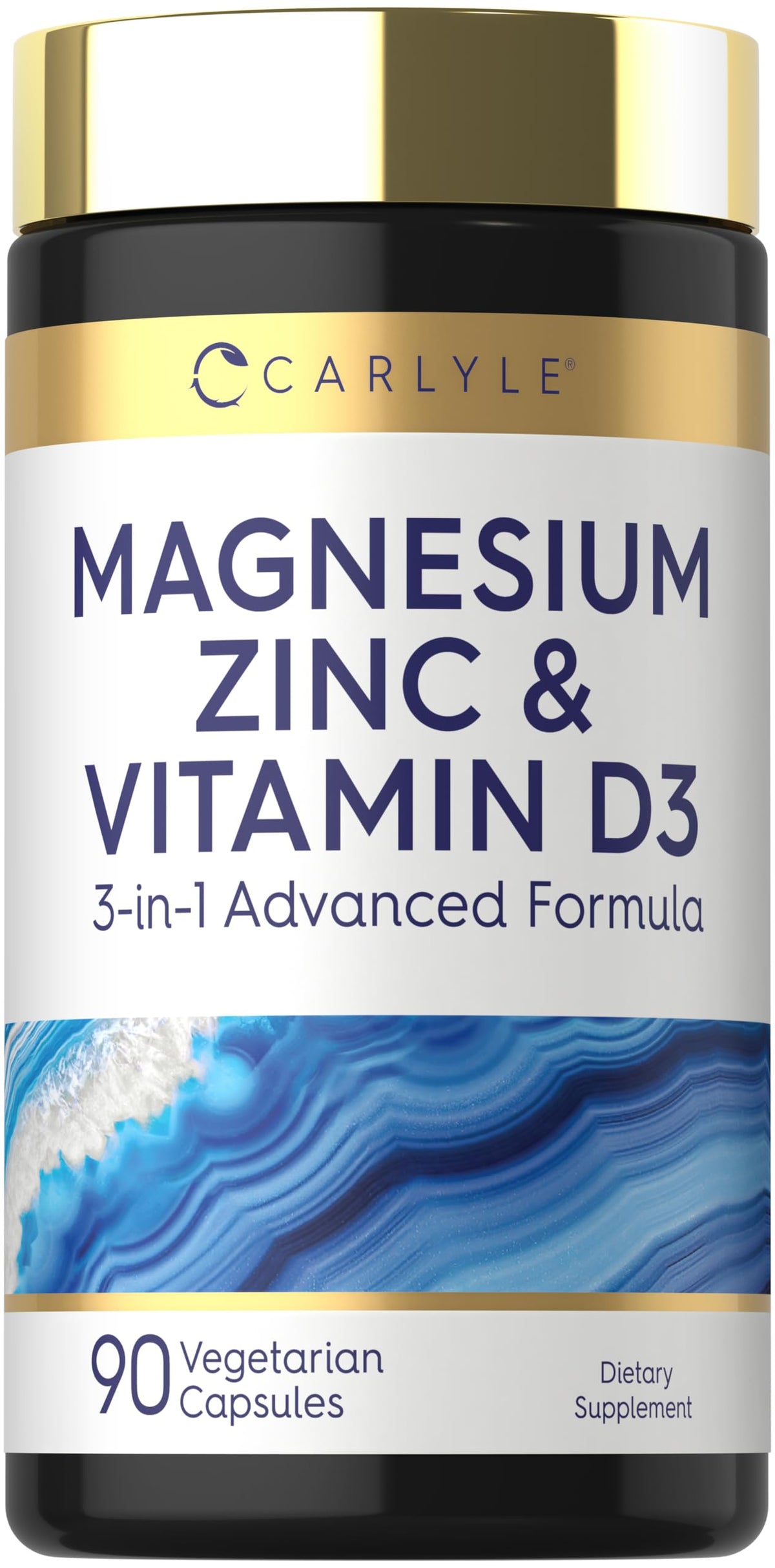 Carlyle Magnesium Zinc D3: botella de 90 cápsulas para apoyo diario.