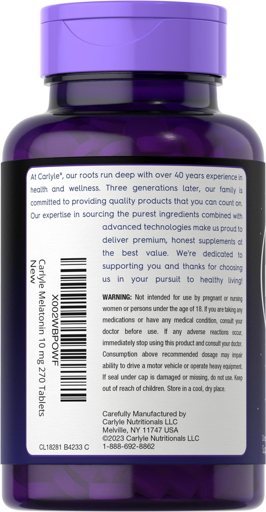 Carlyle Melatonina 10 mg en botella de vidrio, formato vegetariano y práctico.