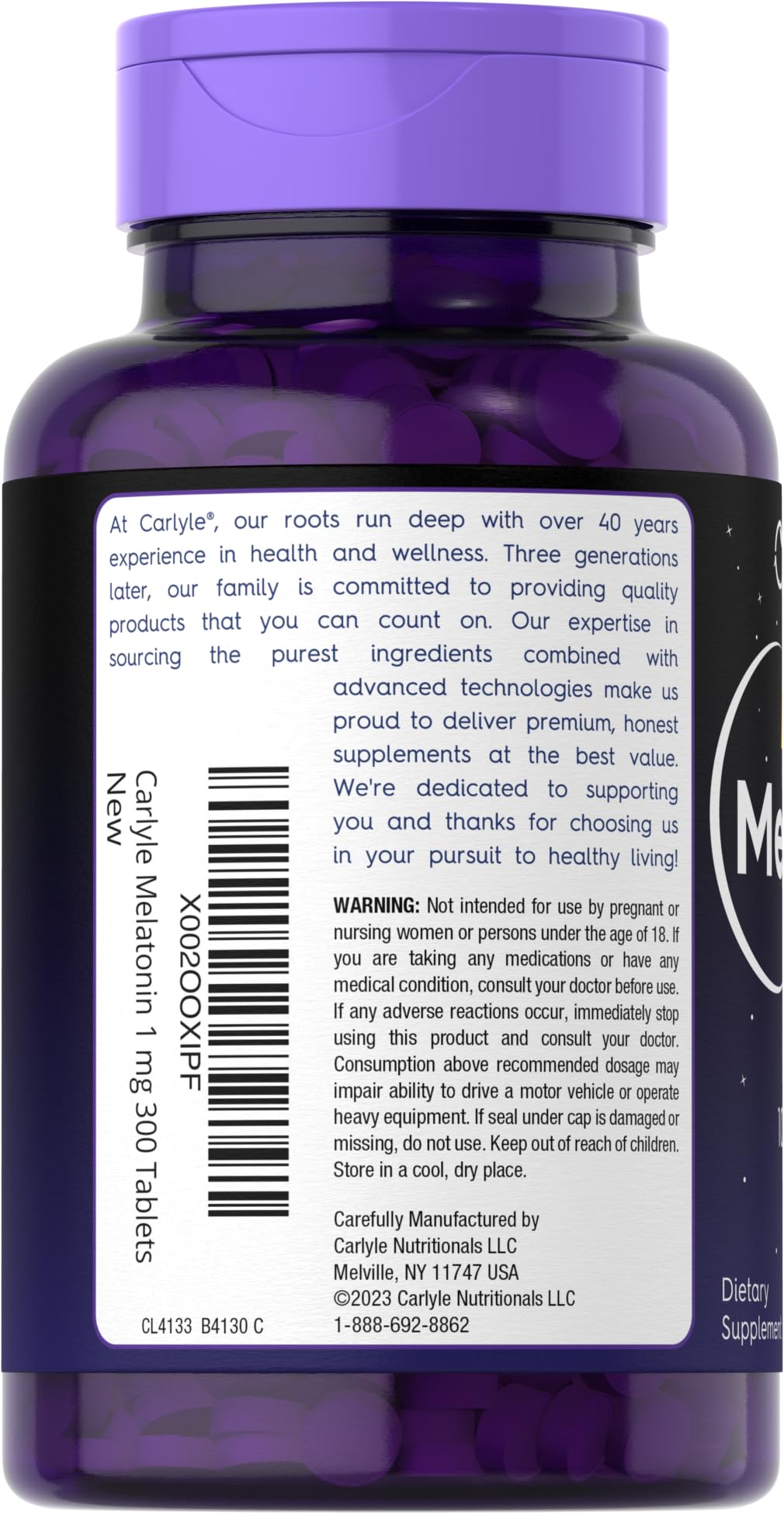 Carlyle Melatonina 1 mg, etiqueta vegetariana y segura para dietas.