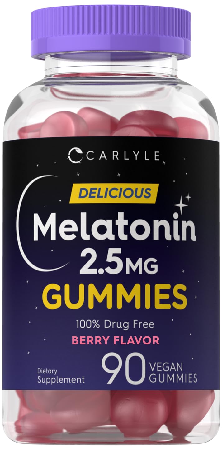 Carlyle Melatonina 2.5 mg gominolas frente al envase, ideal para la rutina nocturna.