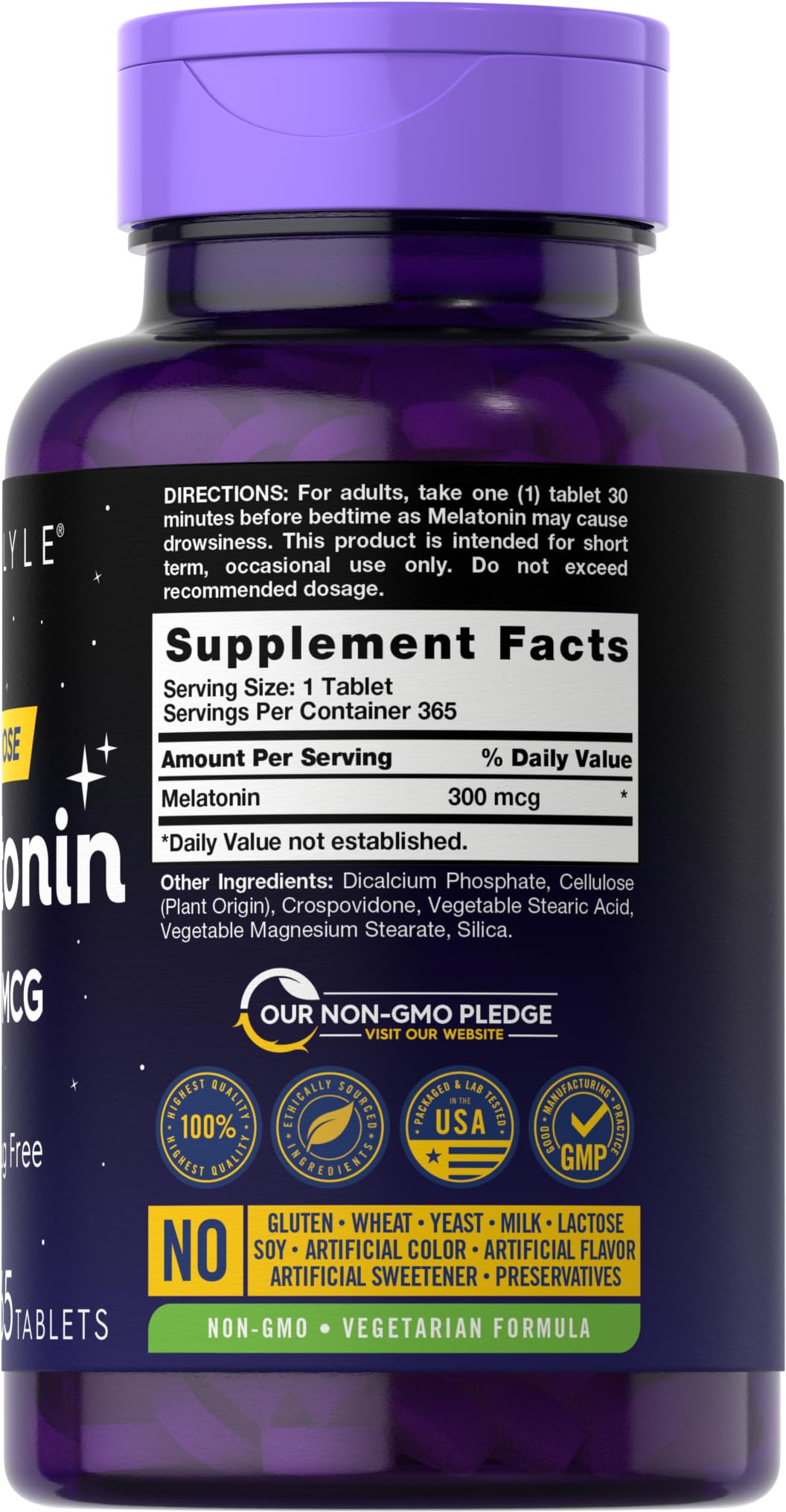 Etiqueta de Carlyle Melatonina 300 mcg en frasco, información de dosis clara.