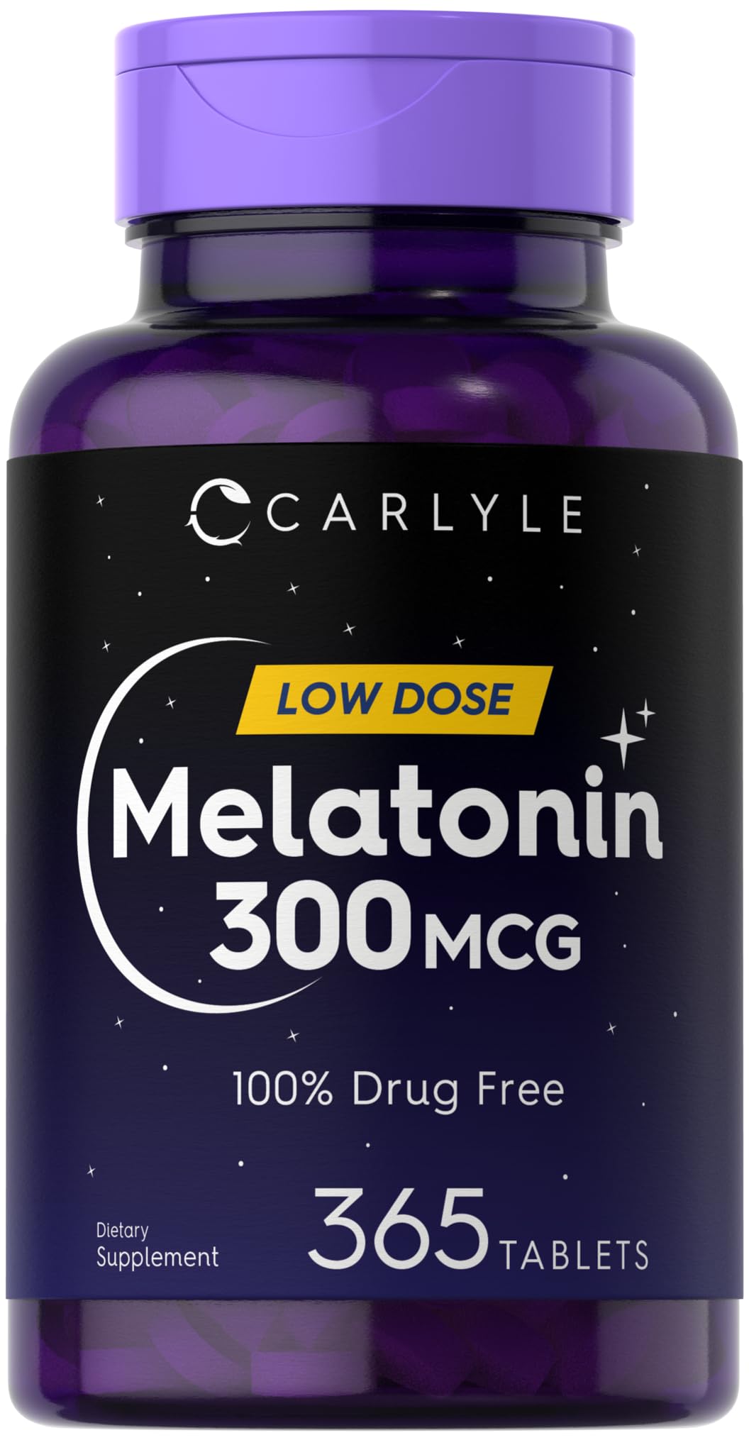 Carlyle Melatonina 300 mcg, frasco con tabletas para una rutina nocturna relajante.