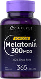 Carlyle Melatonina 300 mcg, frasco con tabletas para una rutina nocturna relajante.