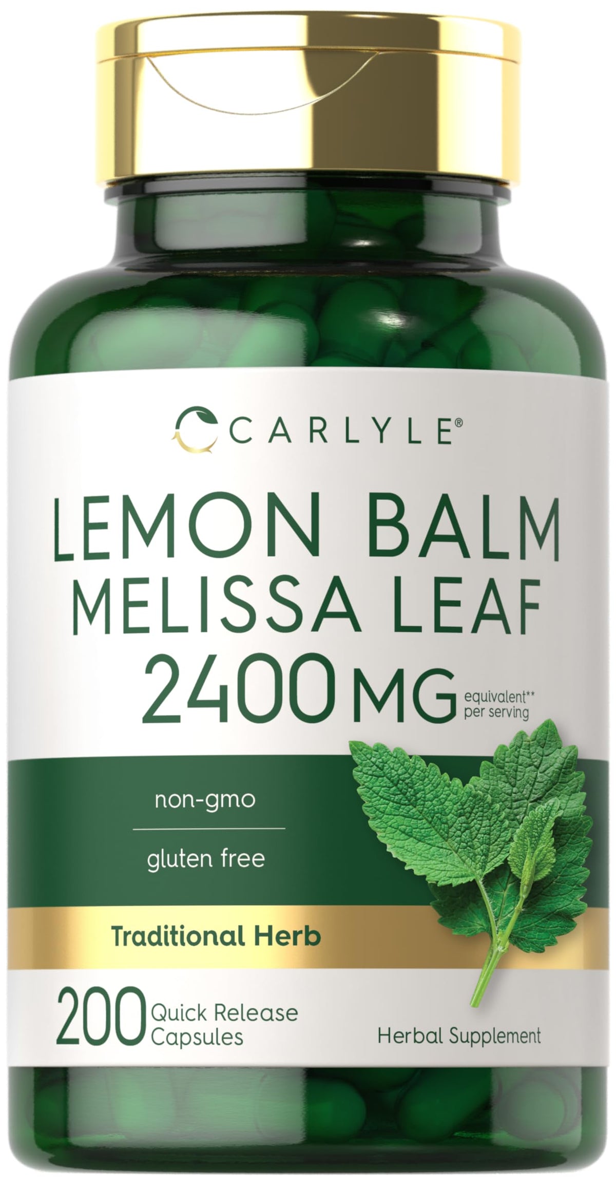 Carlyle Melisa cápsulas: botella frontal, uso diario práctico para bienestar natural.